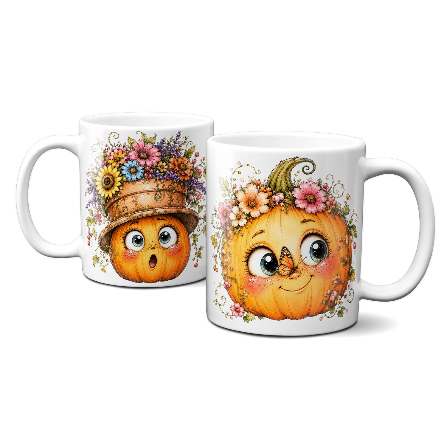 Tasse mit schönen Herbstmotiven - Kürbis mit süßem lustigen Gesicht Goldener Herbst Blumen Blätter