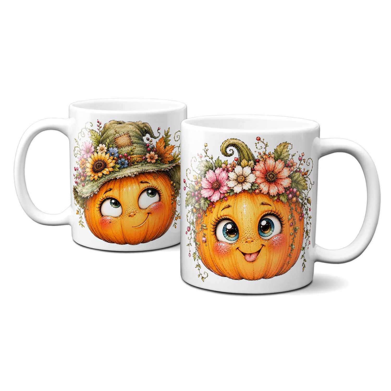 Tasse mit schönen Herbstmotiven - Kürbis mit süßem lustigen Gesicht Goldener Herbst Blumen Blätter
