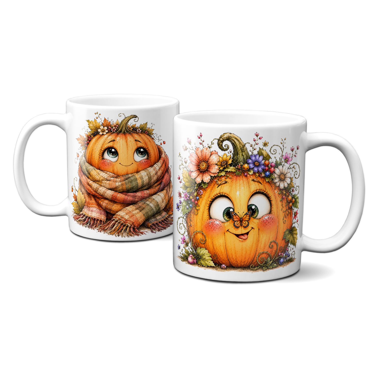 Tasse mit schönen Herbstmotiven - Kürbis mit süßem lustigen Gesicht Goldener Herbst Blumen Blätter