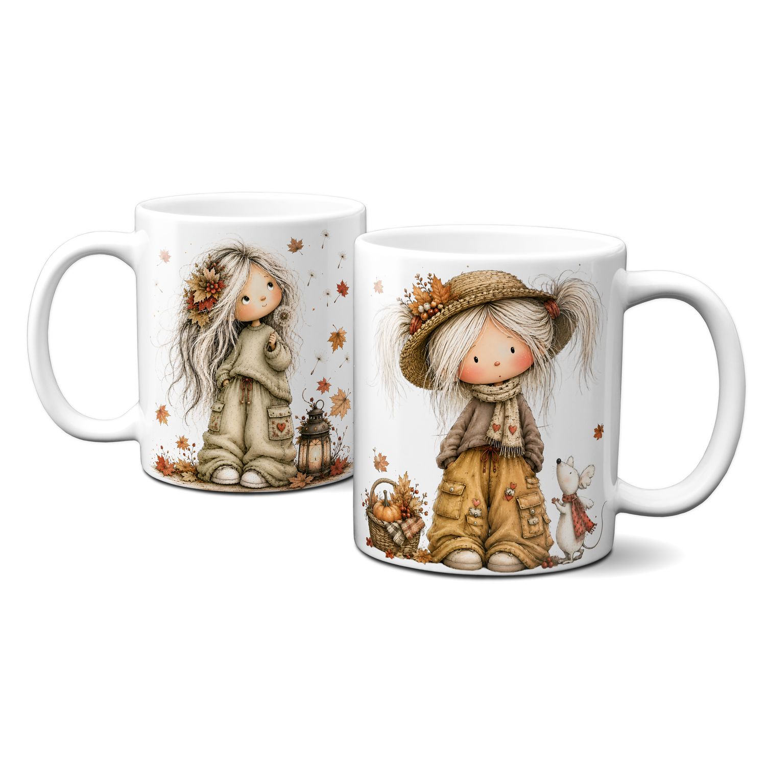 Tasse mit schönen Herbstmotiven - süßes Mädchen mit Blättern und Mäuschen