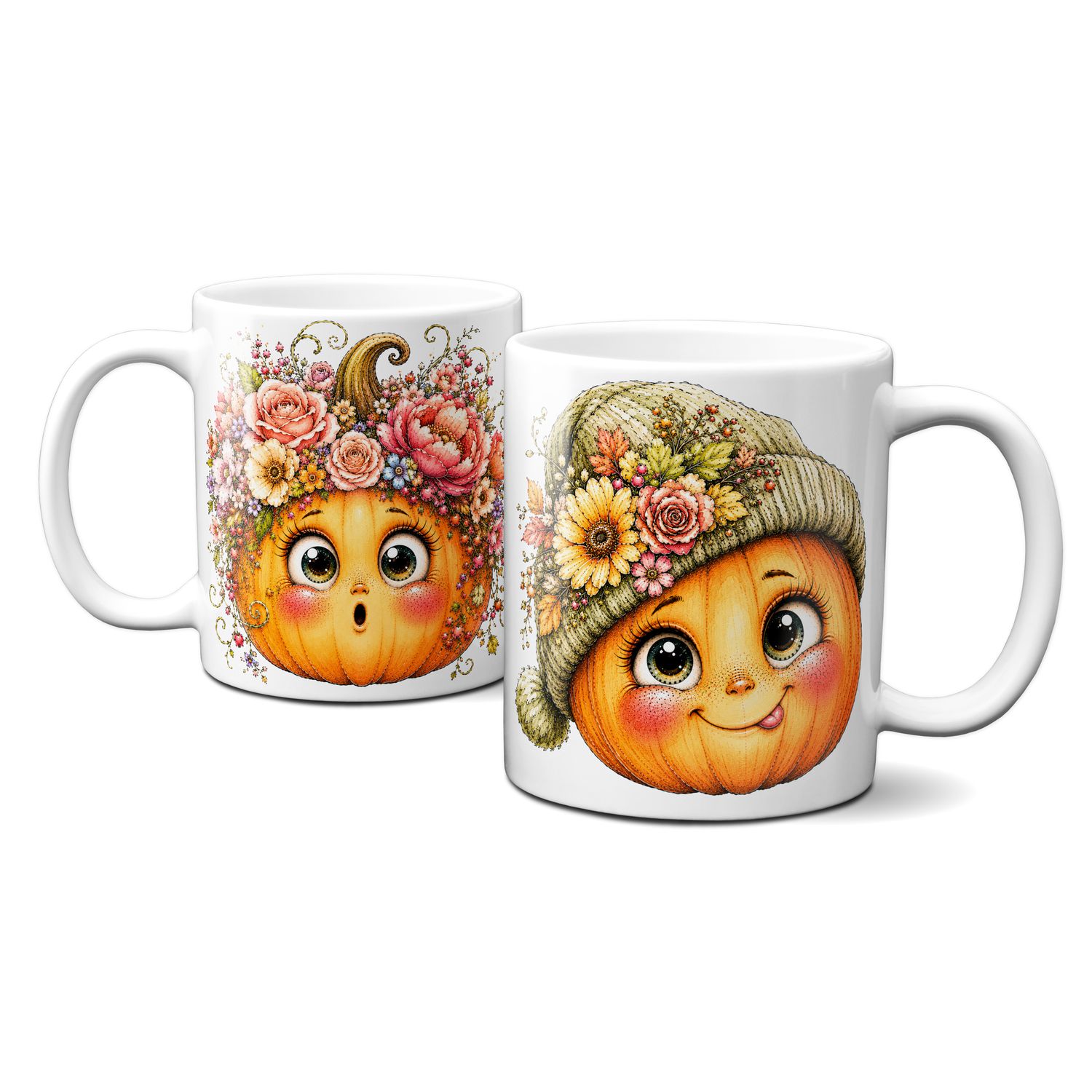 Tasse mit schönen Herbstmotiven - Kürbis mit süßem Gesicht Goldener Herbst Blumen Blätter