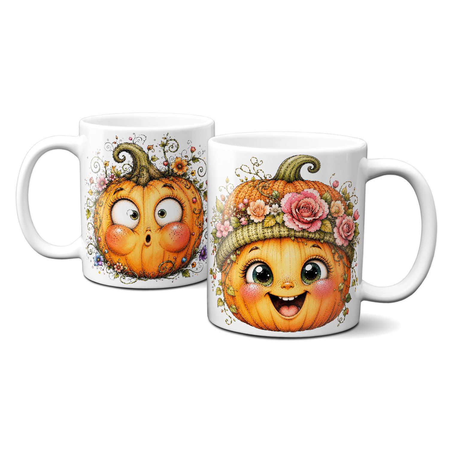 Tasse mit schönen Herbstmotiven - Kürbis mit süßem lustigen Gesicht Goldener Herbst Blumen Blätter