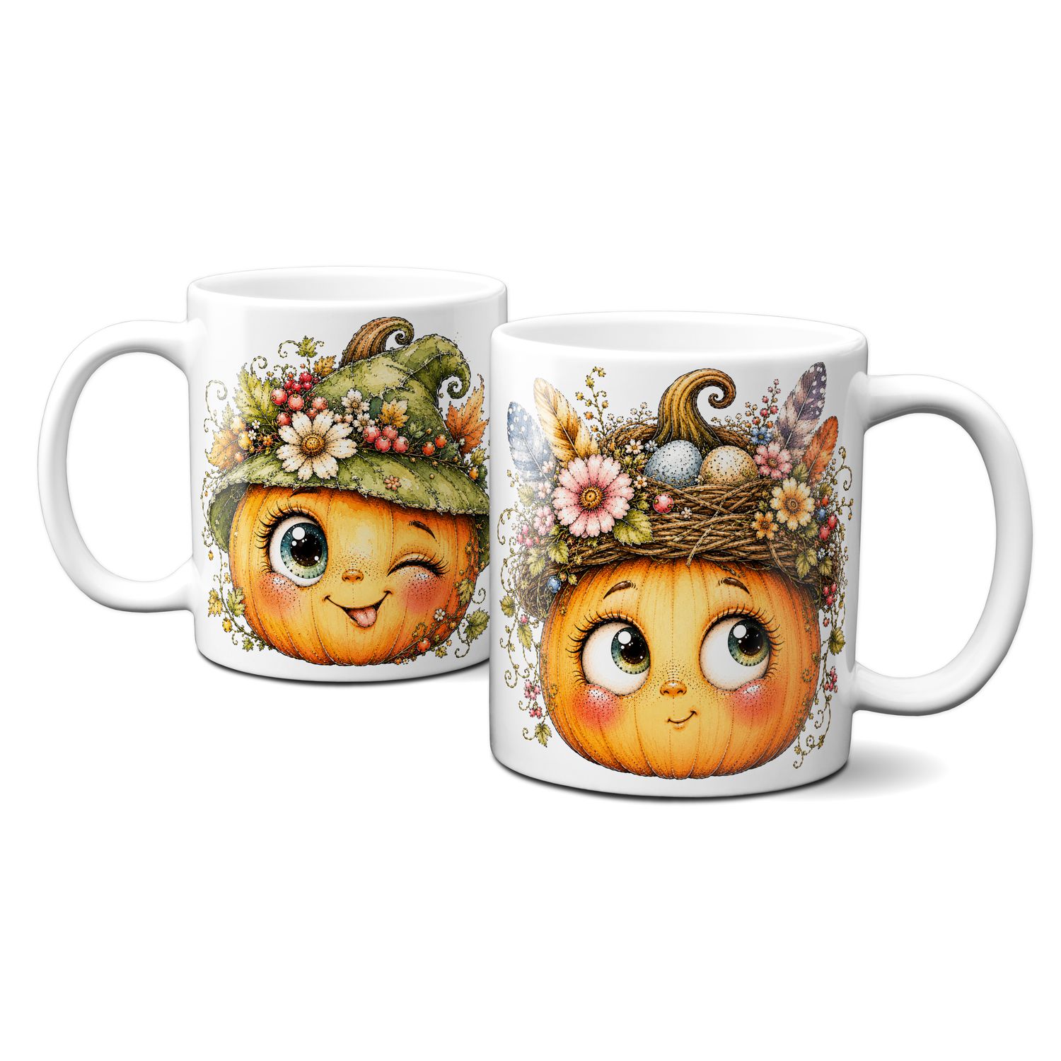 Tasse mit schönen Herbstmotiven - Kürbis mit süßem lustigen Gesicht Goldener Herbst Blumen Blätter