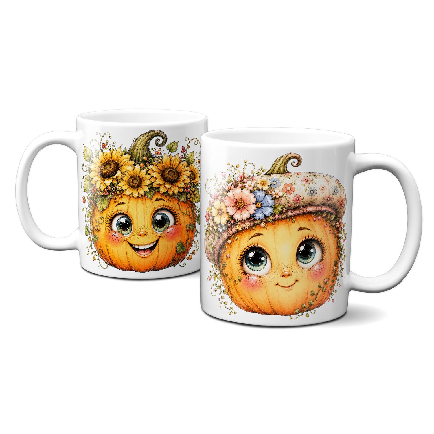 Tasse mit schönen Herbstmotiven - Kürbis mit süßem lustigen Gesicht Goldener Herbst Blumen Blätter