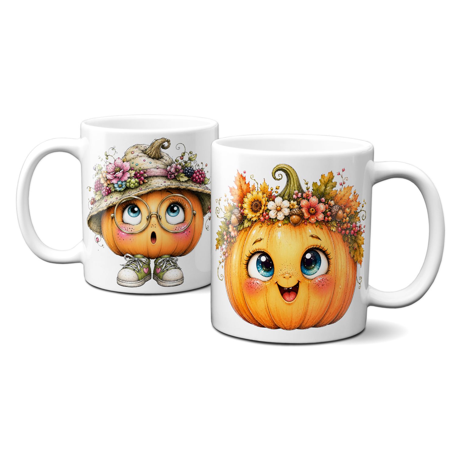 Tasse mit schönen Herbstmotiven - Kürbis mit süßem lustigen Gesicht Goldener Herbst Blumen Blätter