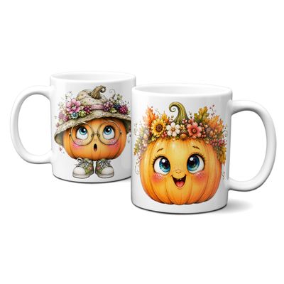 Tasse mit schönen Herbstmotiven - Kürbis mit süßem lustigen Gesicht Goldener Herbst Blumen Blätter Tasse mit schönen Herbstmotiven - Kürbis mit süßem lustigen Gesicht Goldener Herbst Blumen Blätter
