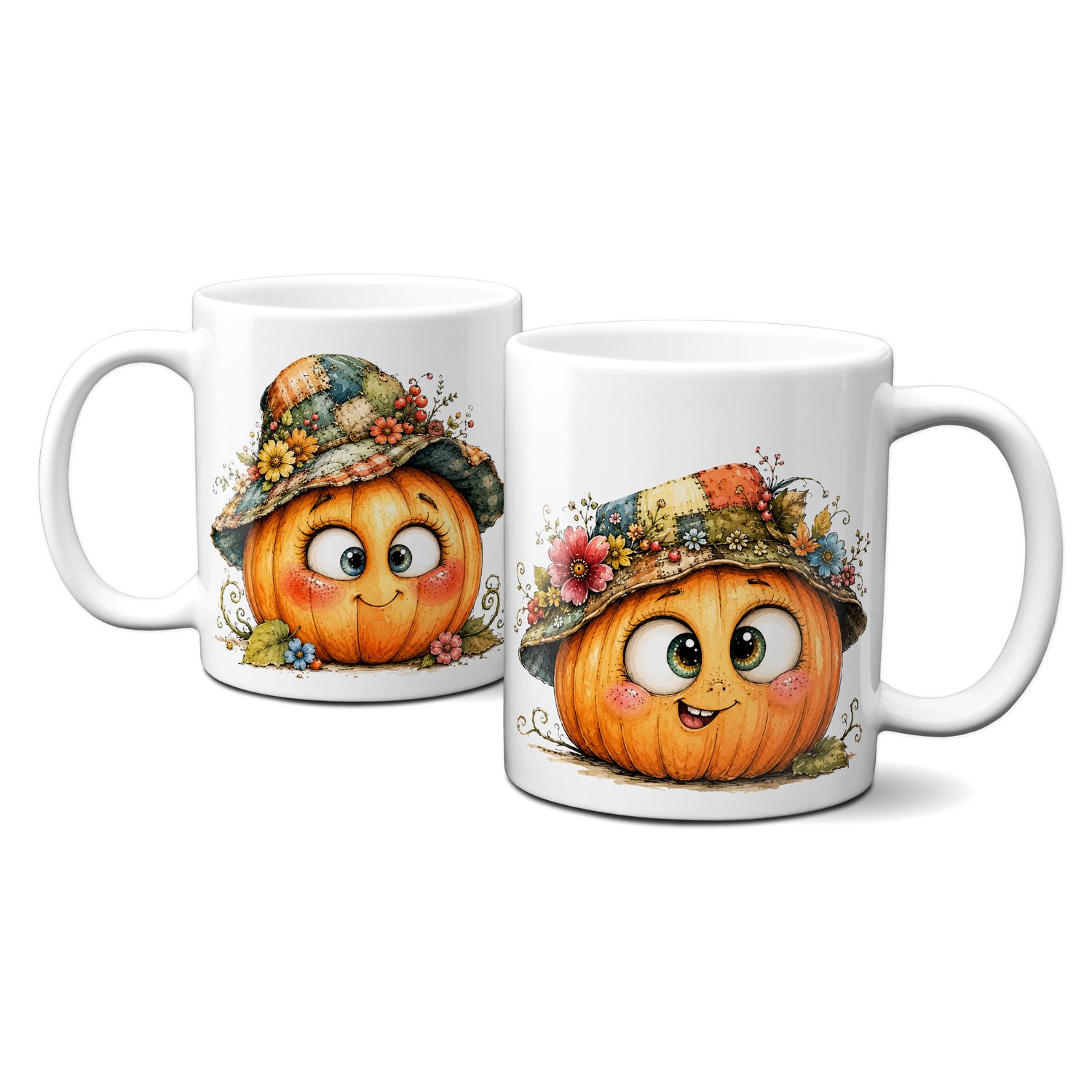 Tasse mit schönen Herbstmotiven - Kürbis mit süßem lustigen Gesicht Goldener Herbst Blumen Blätter