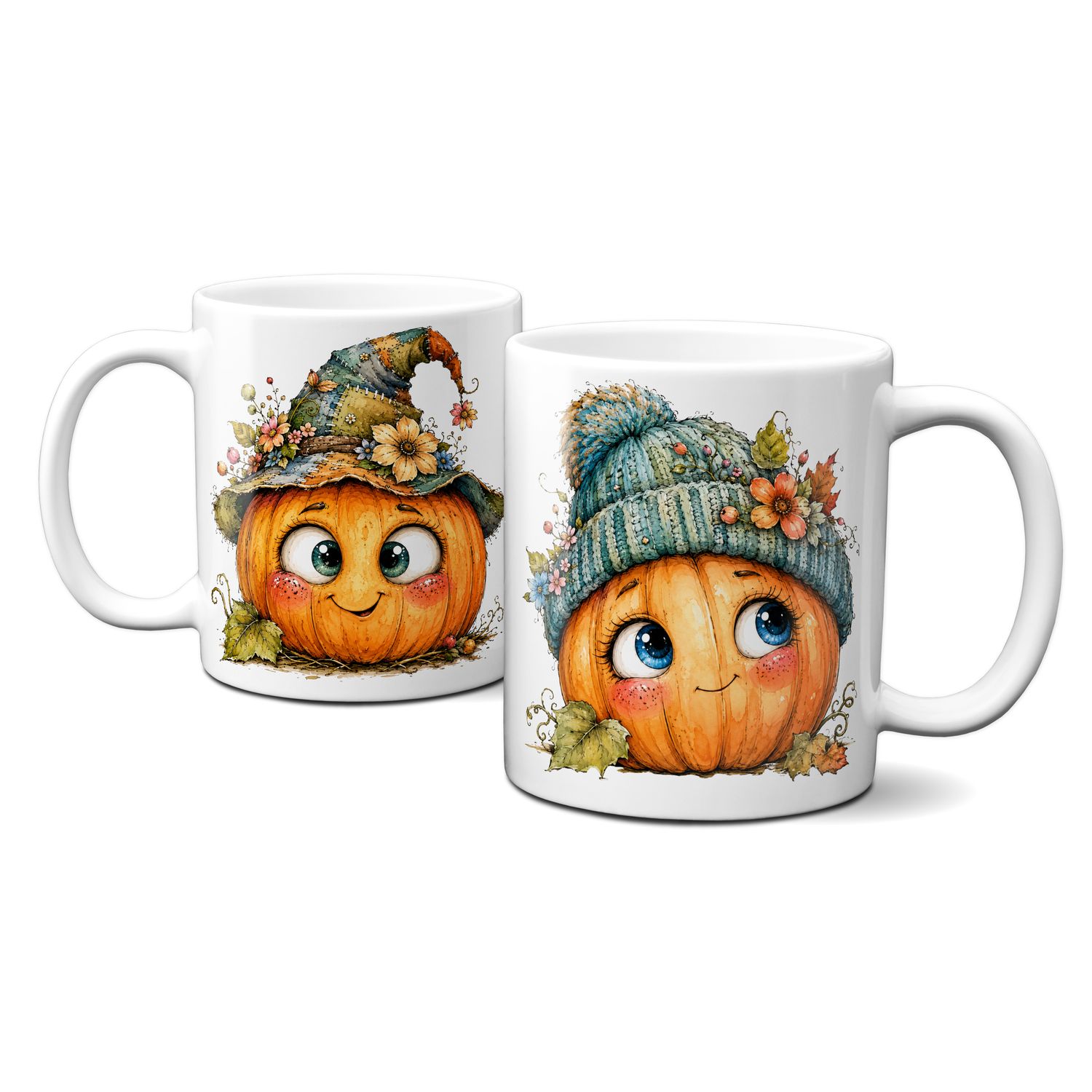Tasse mit schönen Herbstmotiven - Kürbis mit süßem lustigen Gesicht Goldener Herbst Blumen Blätter