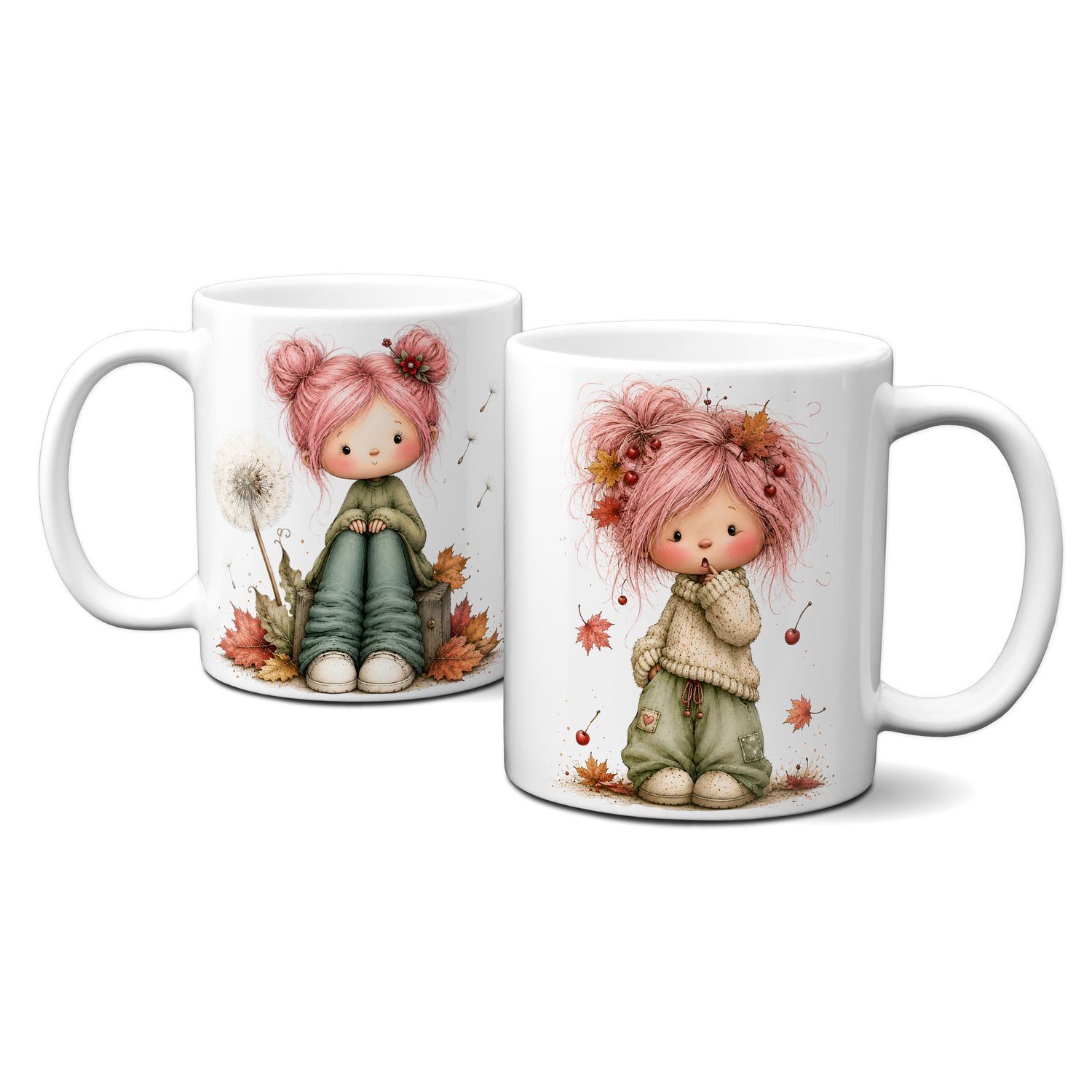 Tasse mit schönen Herbstmotiven - Mädchen mit Blättern und Beeren