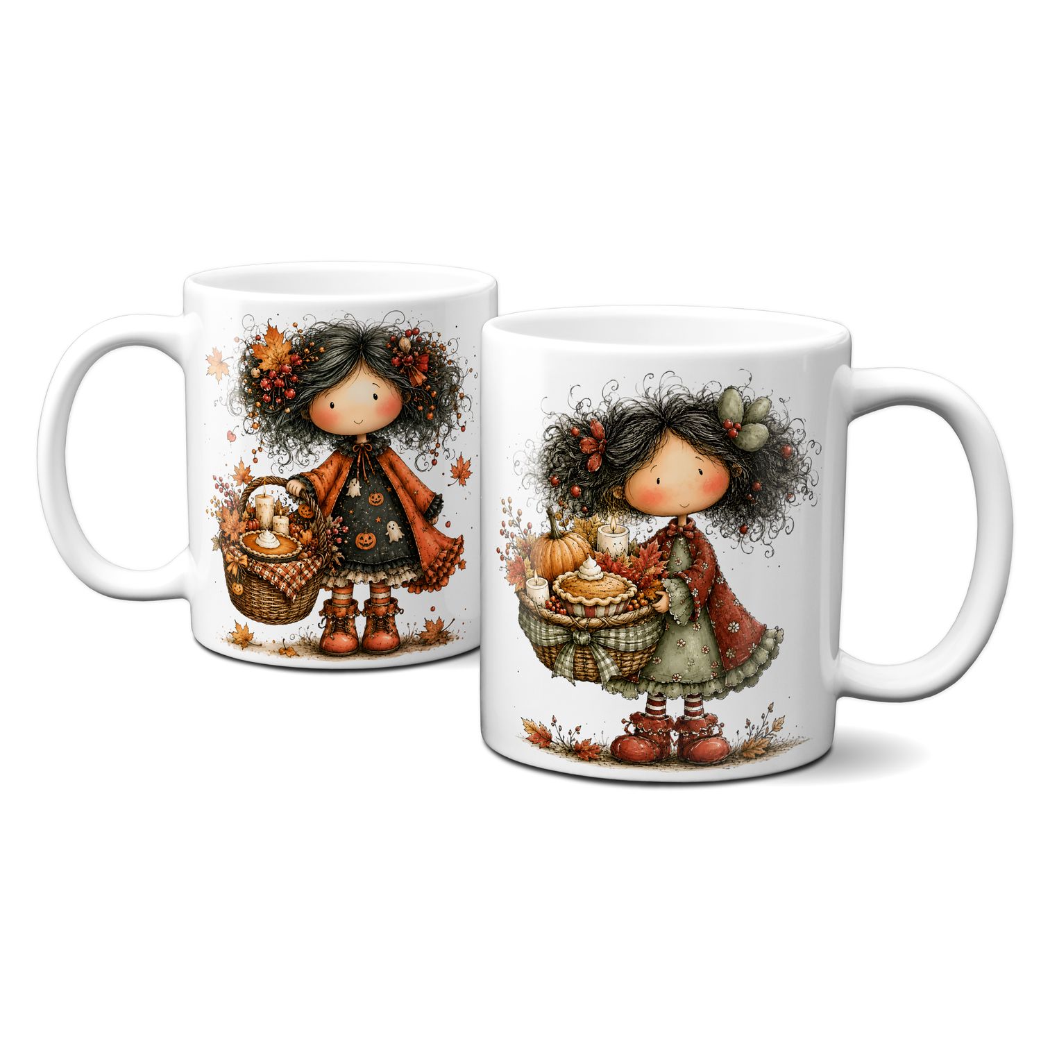 Tasse mit schönen Herbstmotiven - süße Mädchen mit Picknickkorb Kürbissen