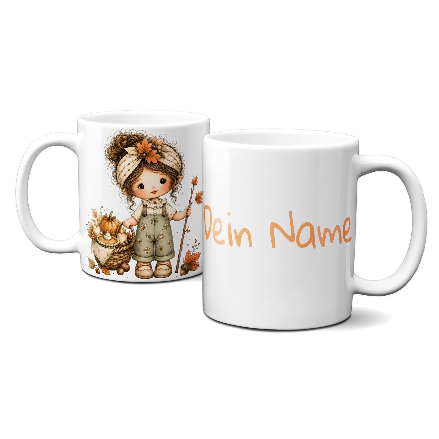 personalisierte Tasse mit tollen Herbstmotiven - süßes Mädchen mit Picknickkorb
