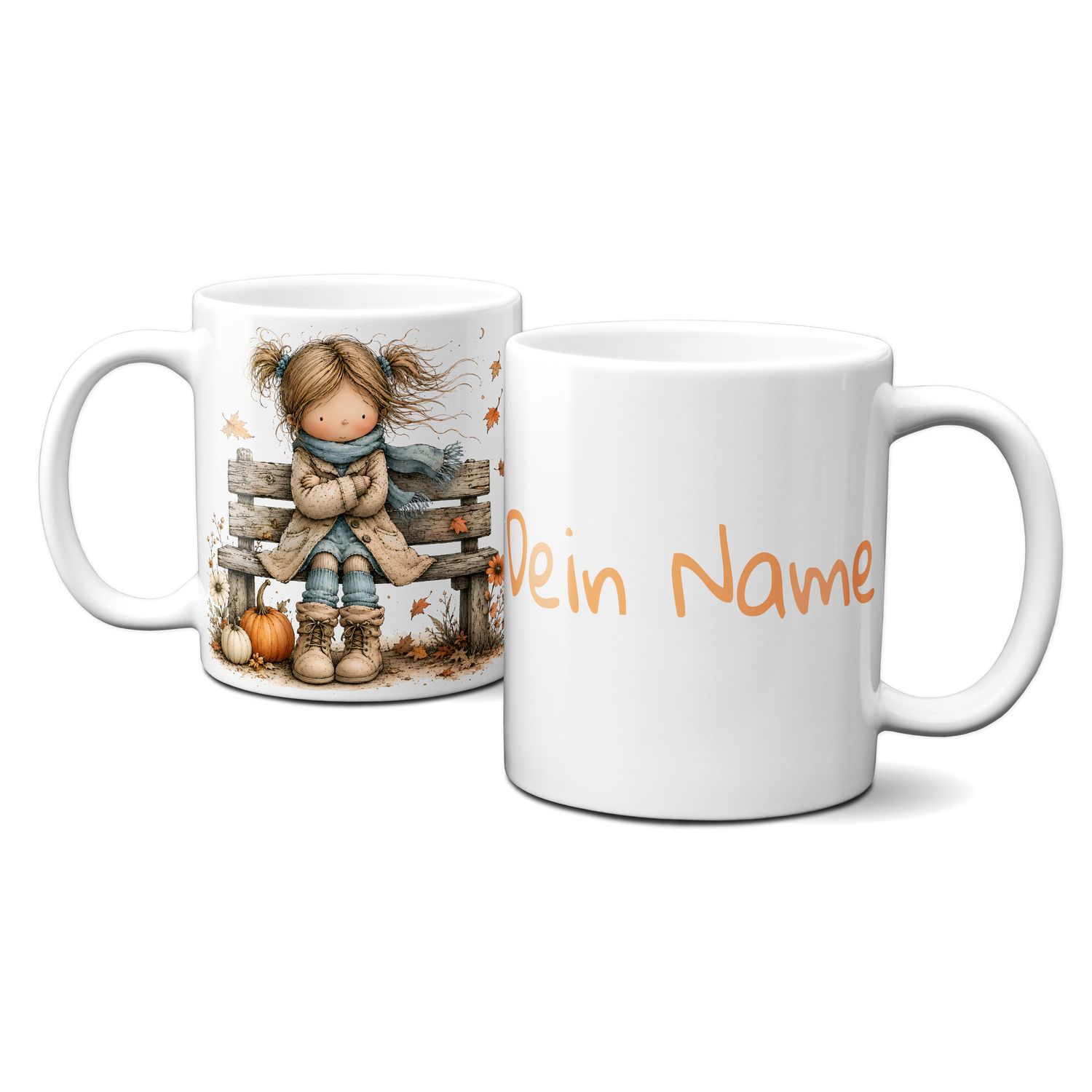personalisierte Tasse mit tollen Herbstmotiven - süßes Mädchen mit blauem Schal auf einer Bank