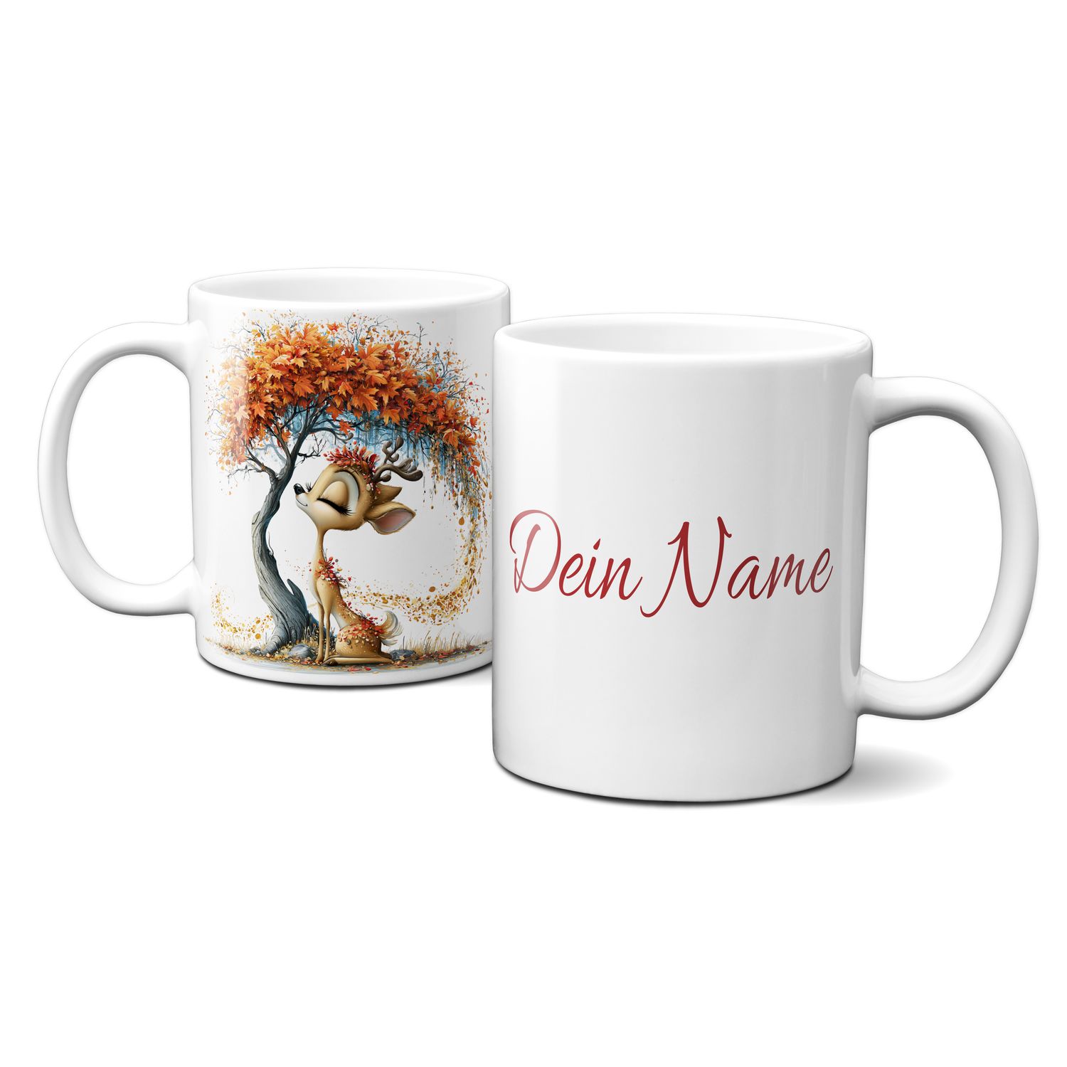 personalisierte Tasse mit tollen Herbstmotiven - Tiere Reh Goldener Herbst bunte Blätter Baum