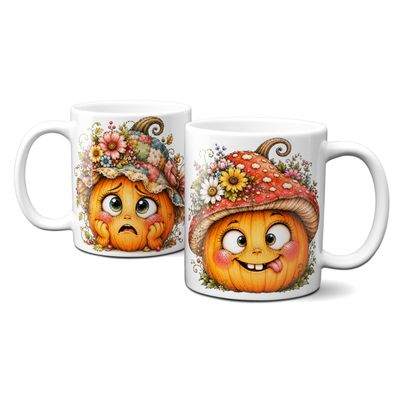 Tasse mit schönen Herbstmotiven - Kürbis mit süßem lustigen Gesicht Goldener Herbst Blumen Blätter Tasse mit schönen Herbstmotiven - Kürbis mit süßem lustigen Gesicht Goldener Herbst Blumen Blätter
