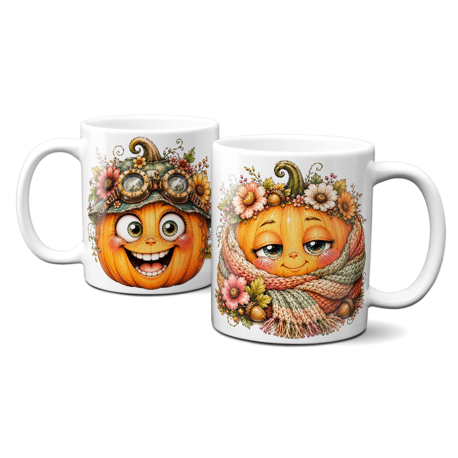 Tasse mit schönen Herbstmotiven - Kürbis mit süßem lustigen Gesicht Goldener Herbst Blumen Blätter