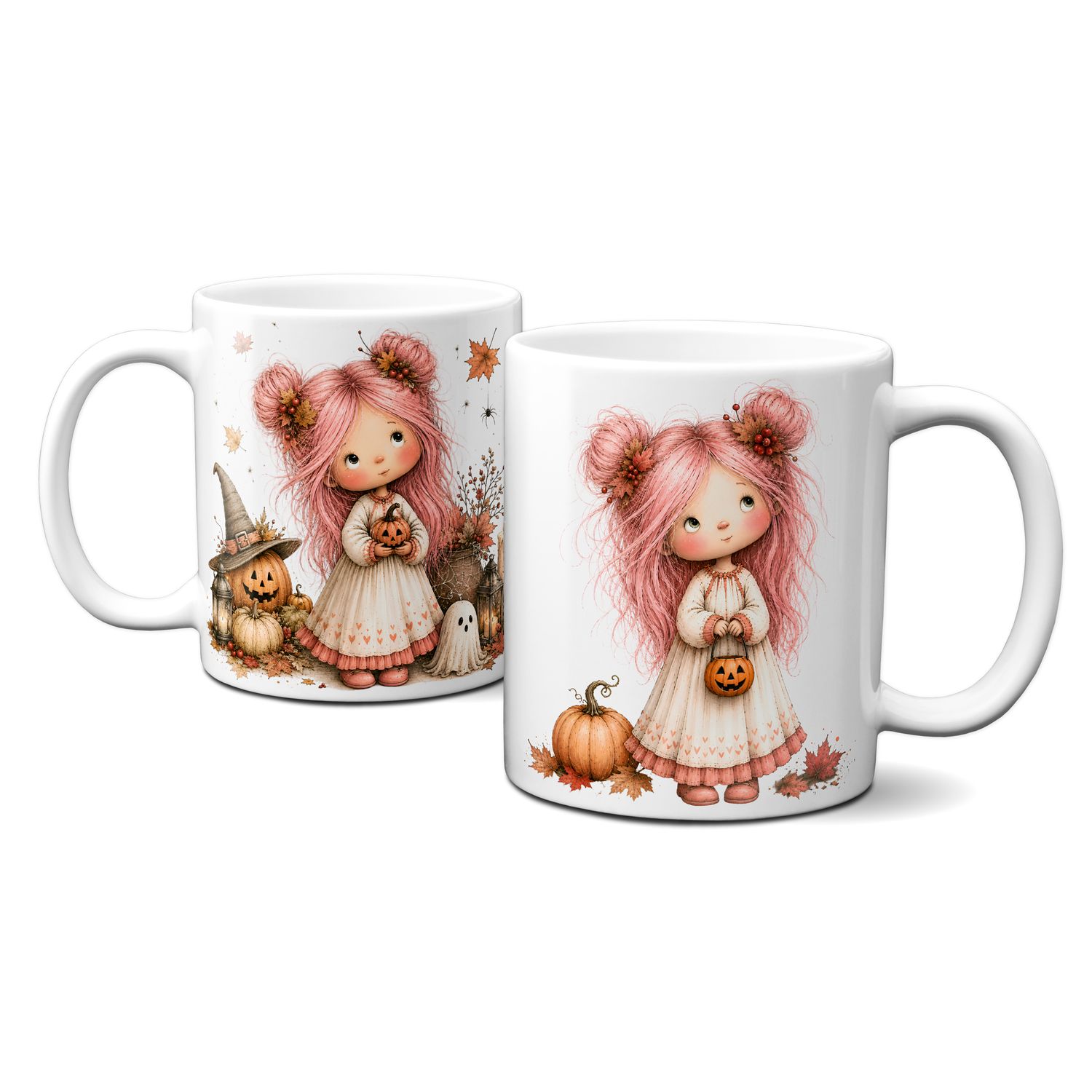 Tasse mit schönen Herbstmotiven - süße Mädchen mit Kürbissen und Gespenstern