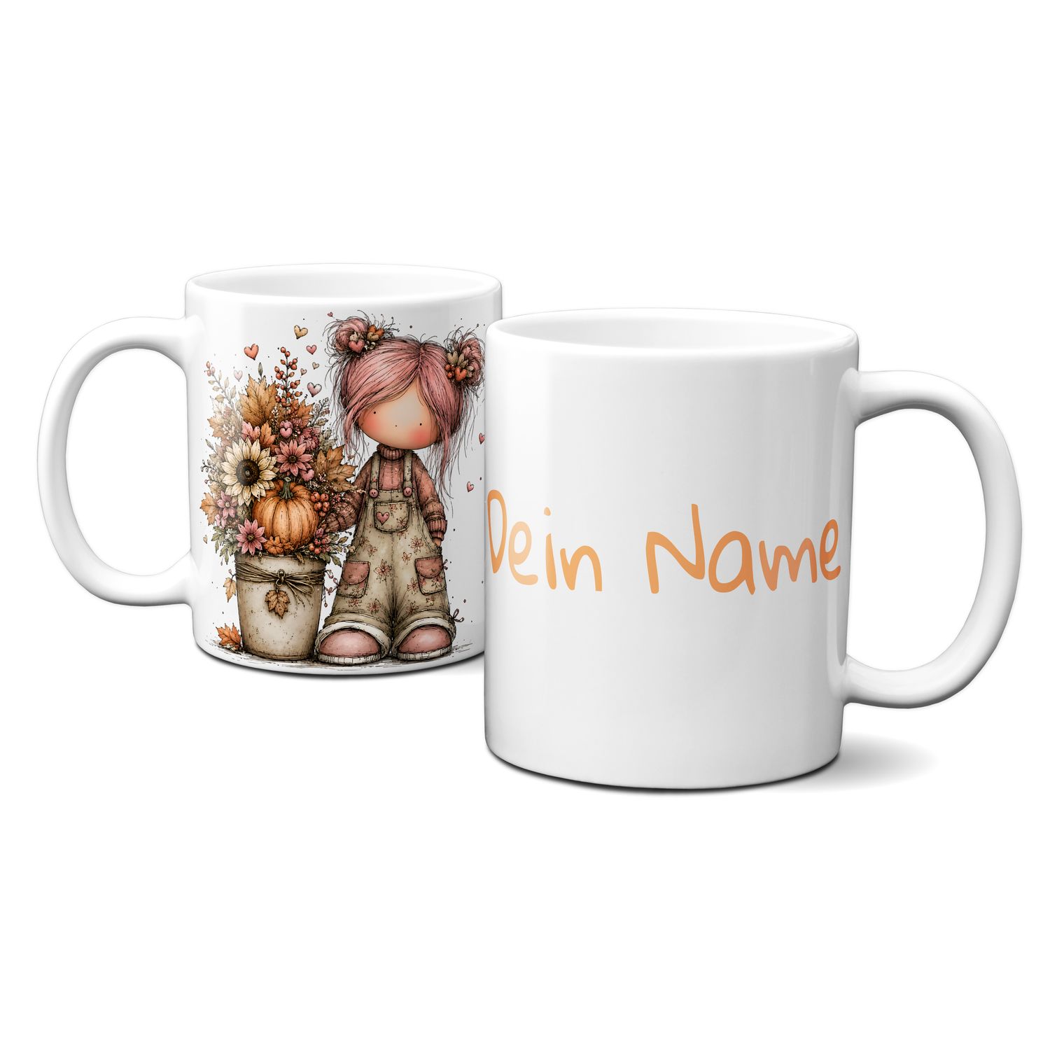 personalisierte Tasse mit tollen Herbstmotiven - süßes Mädchen mit Blumen und Kürbis