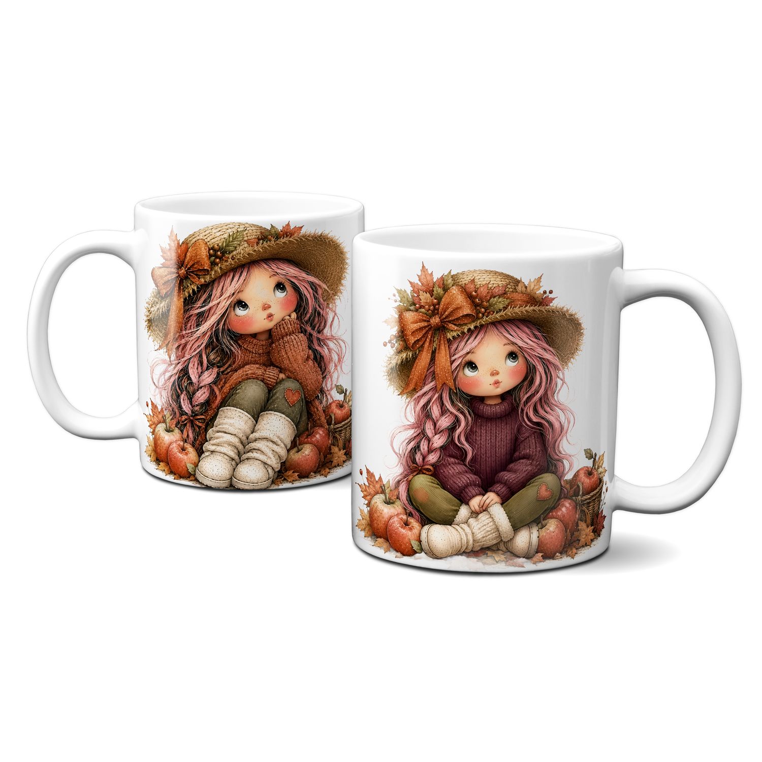 Tasse mit schönen Herbstmotiven - süße Mädchen mit Äpfeln und tollem Hut