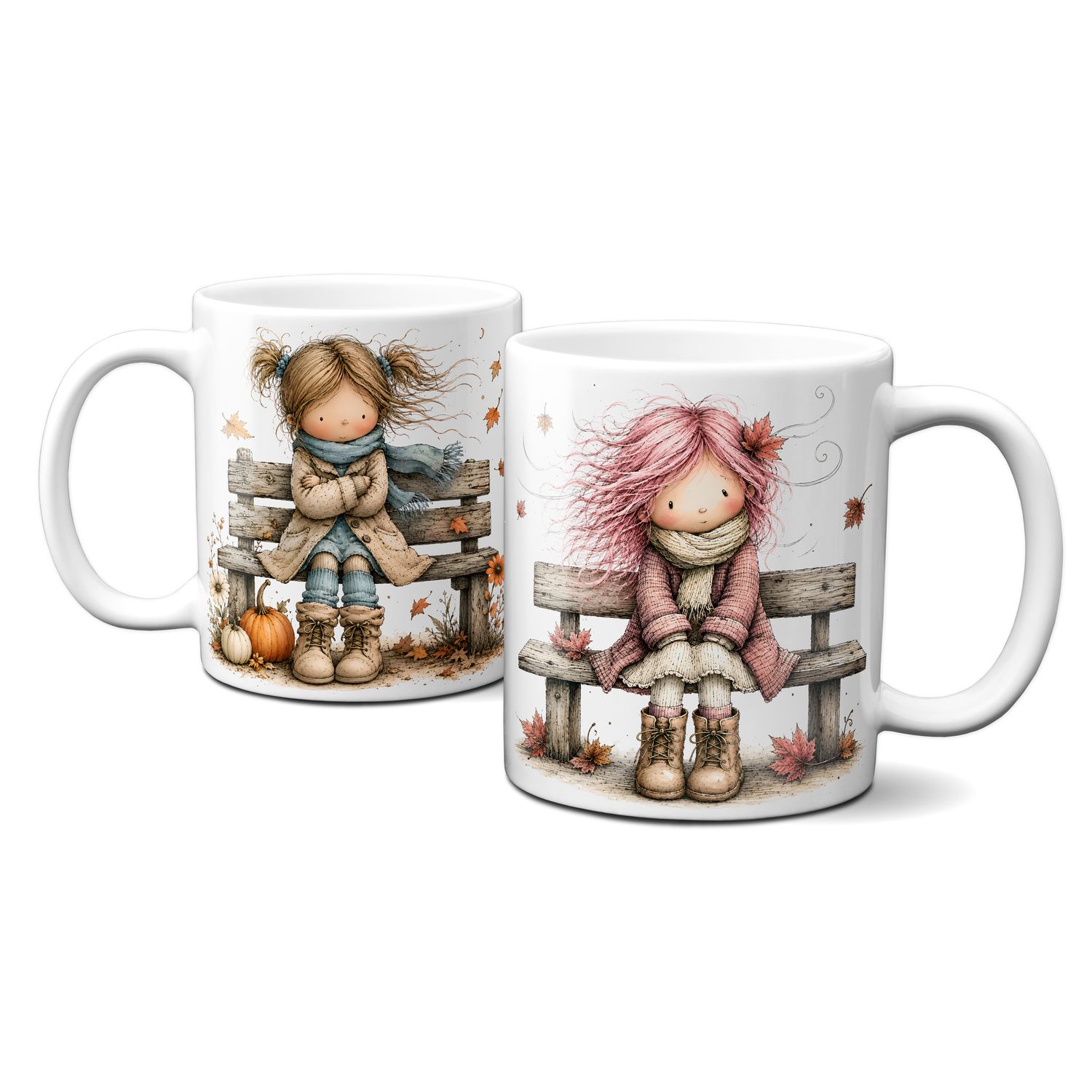 Tasse mit schönen Herbstmotiven - süße Mädchen auf der Bank mit Kürbissen