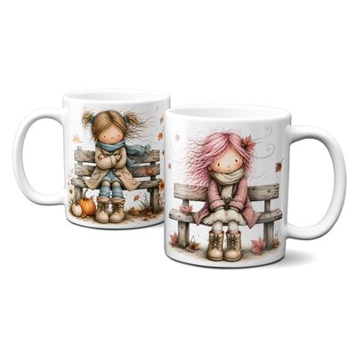 Tasse mit schönen Herbstmotiven - süße Mädchen auf der Bank mit Kürbissen Tasse mit schönen Herbstmotiven - süße Mädchen auf der Bank mit Kürbissen