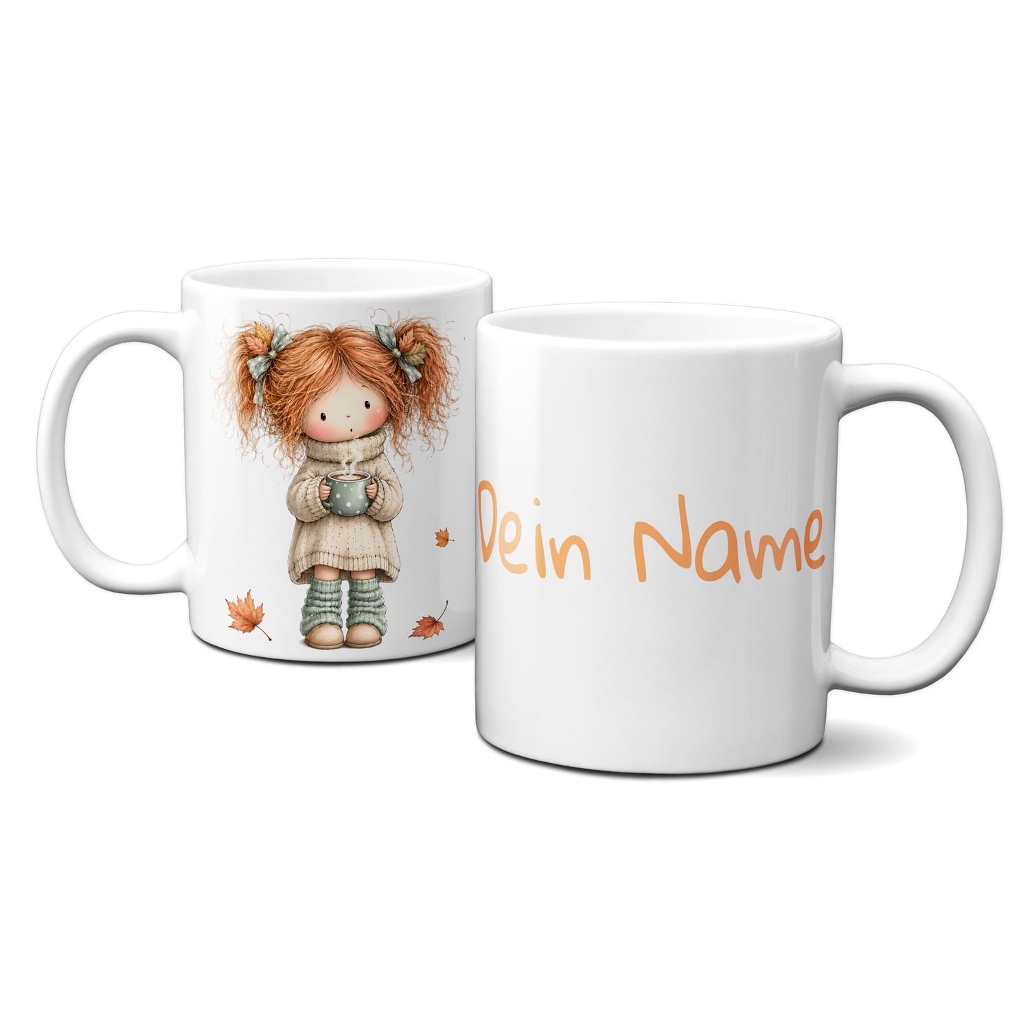 personalisierte Tasse mit tollen Herbstmotiven - süßes Mädchen mit heißem Kakao