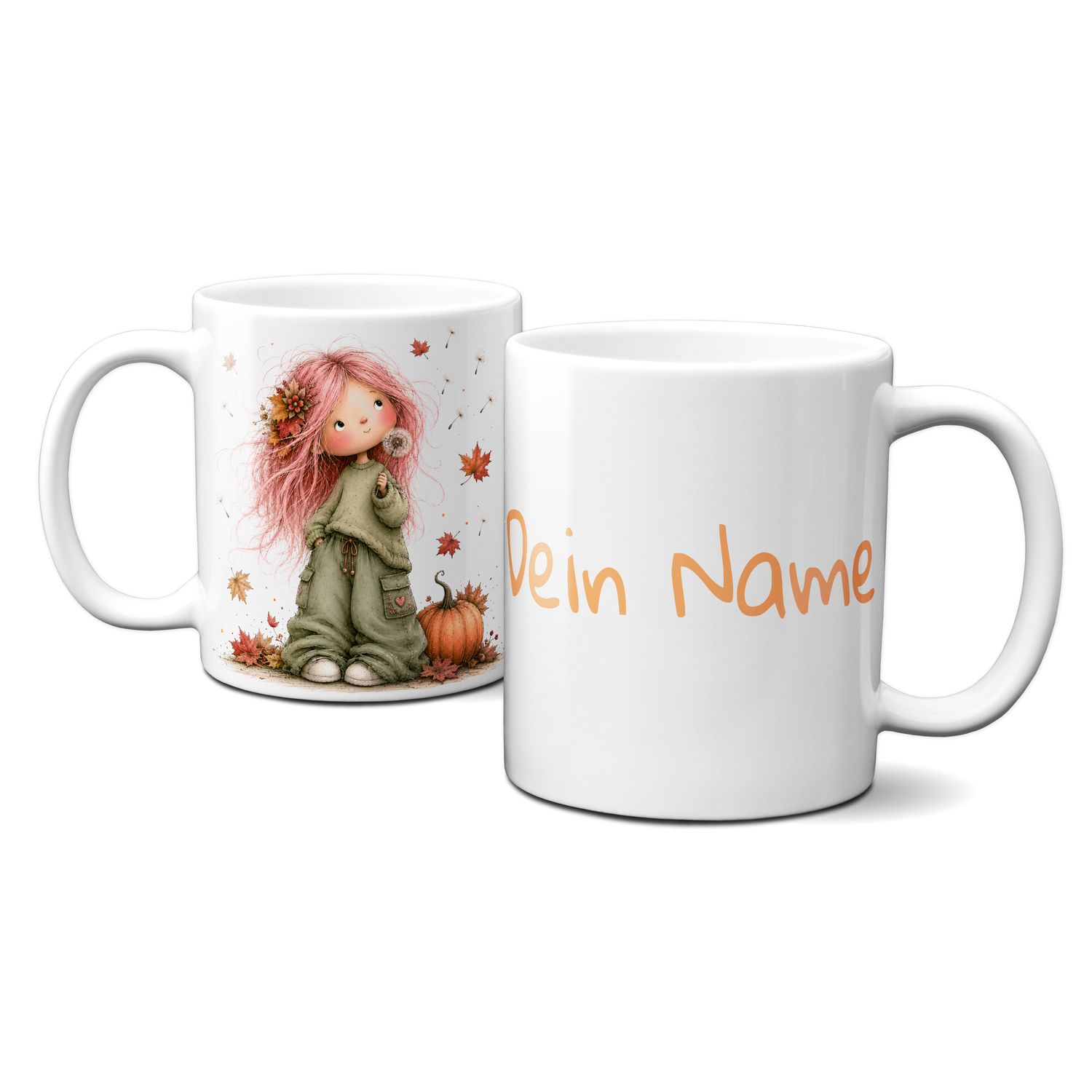 personalisierte Tasse mit tollen Herbstmotiven - süßes Mädchen mit roten Haaren Blättern und Kürbis