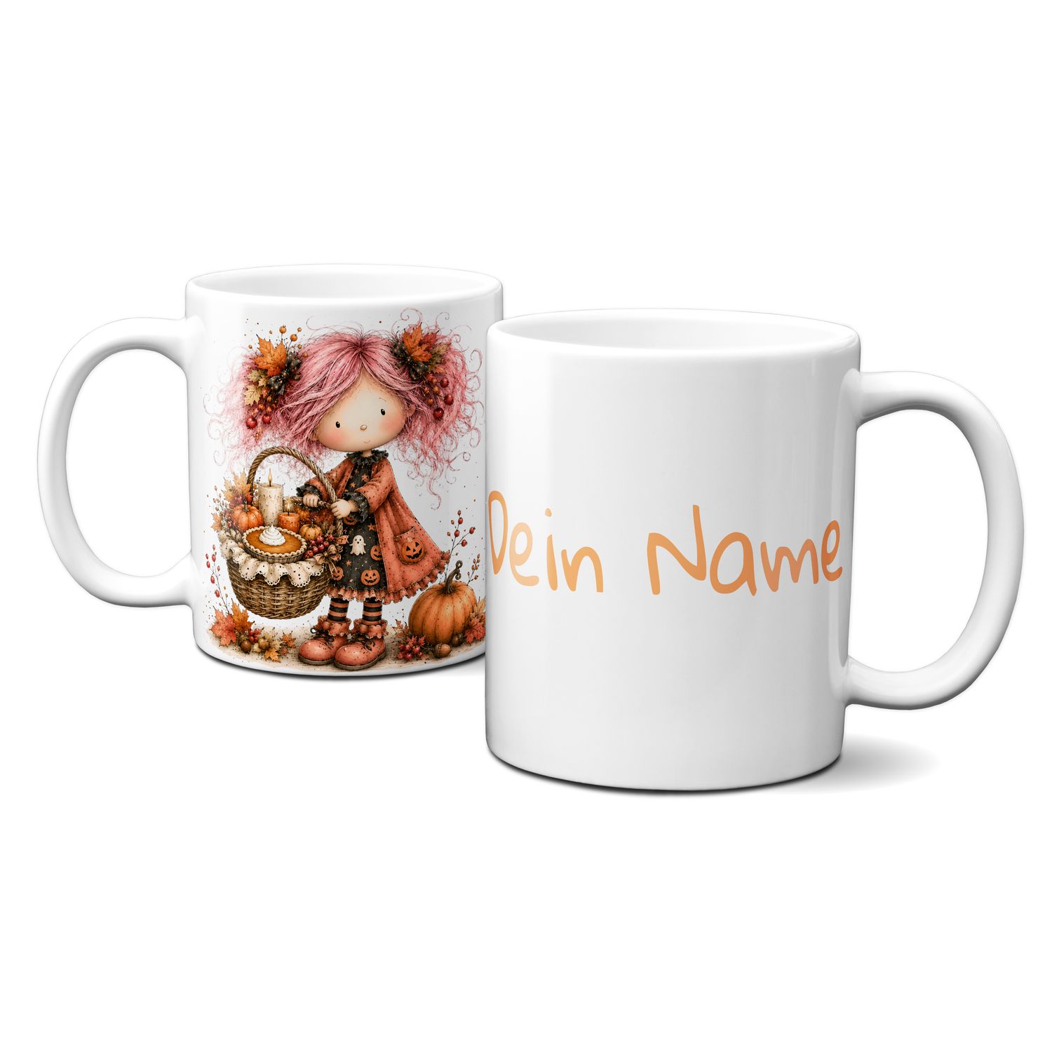 personalisierte Tasse mit tollen Herbstmotiven - süßes Mädchen mit roten Haaren, Picknickkorb, Blättern, Kürbisse