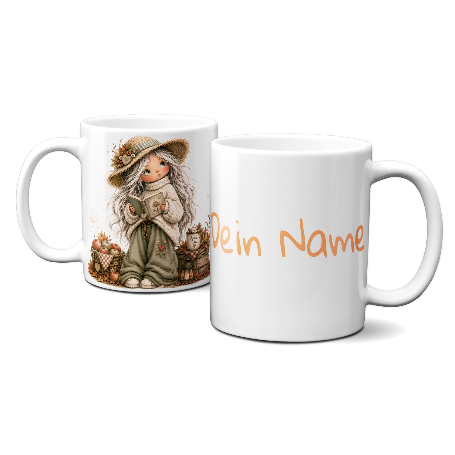 personalisierte Tasse mit tollen Herbstmotiven - süßes kleines Mädchen mit Äpfeln und Cidre