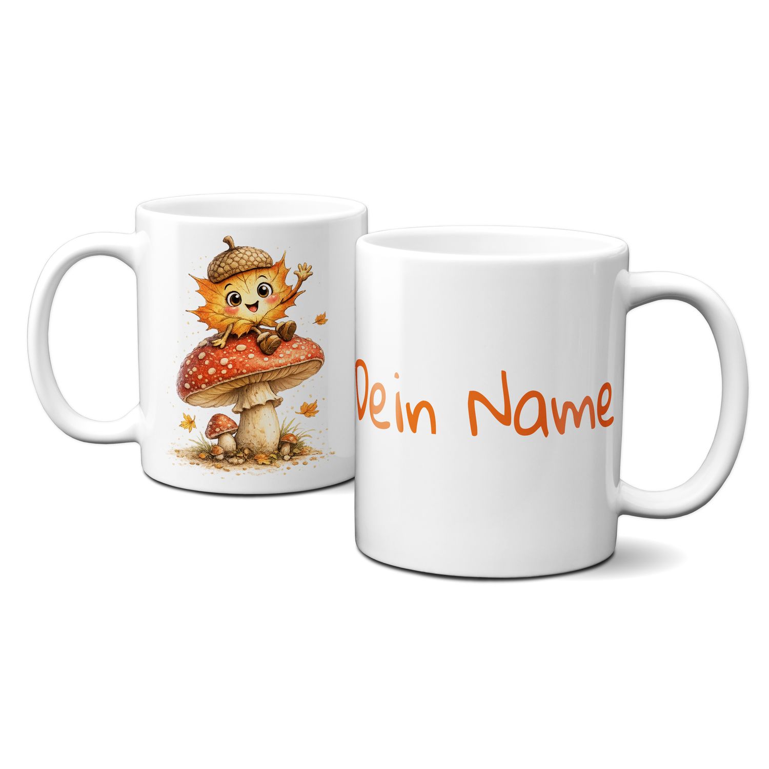 personalisierte Tasse mit tollen Herbstmotiven - süßes Blättergesicht mit Eichelhut und Fliegenpilzen