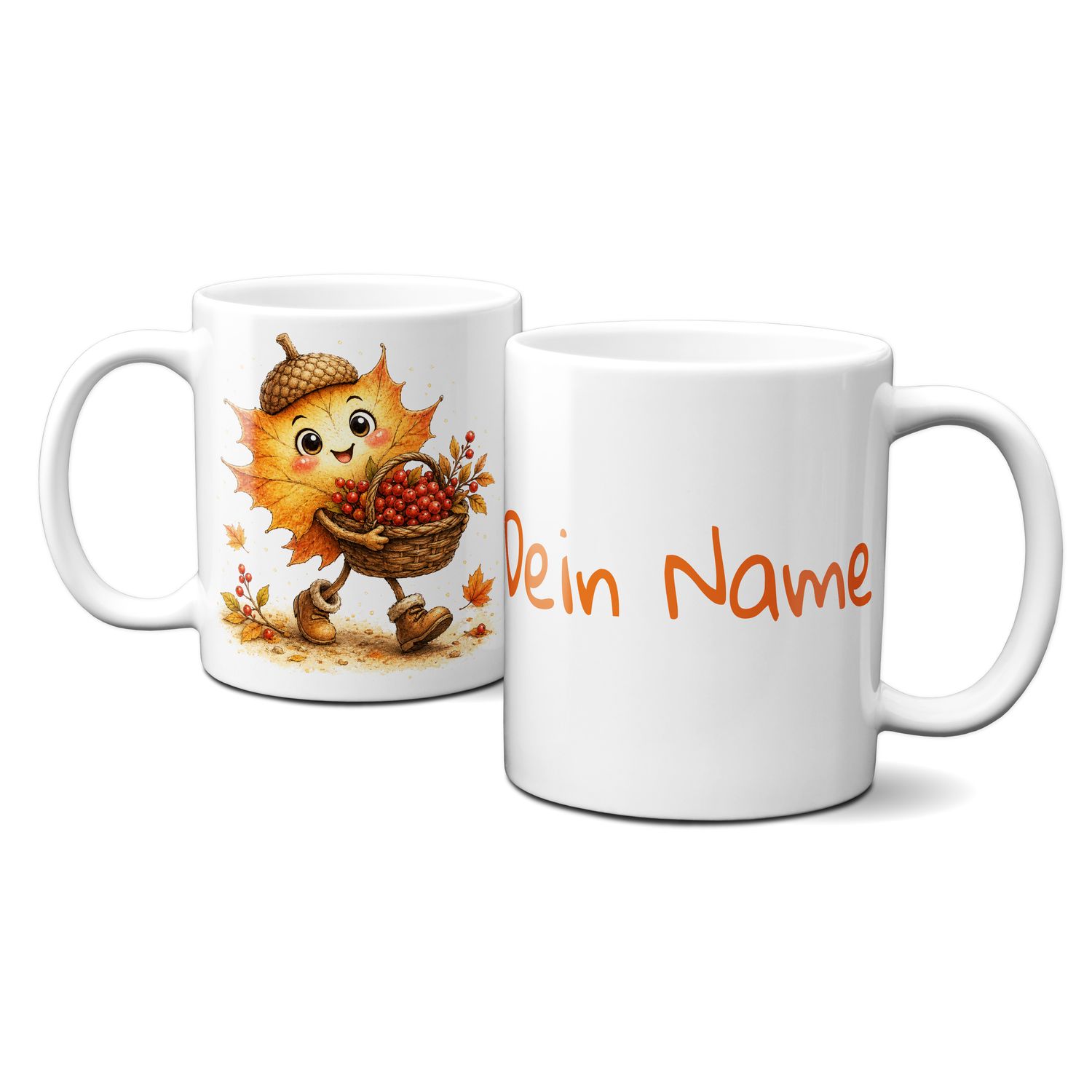 personalisierte Tasse mit tollen Herbstmotiven - süßes Blättergesicht mit Eichelhut und Beeren im Korb