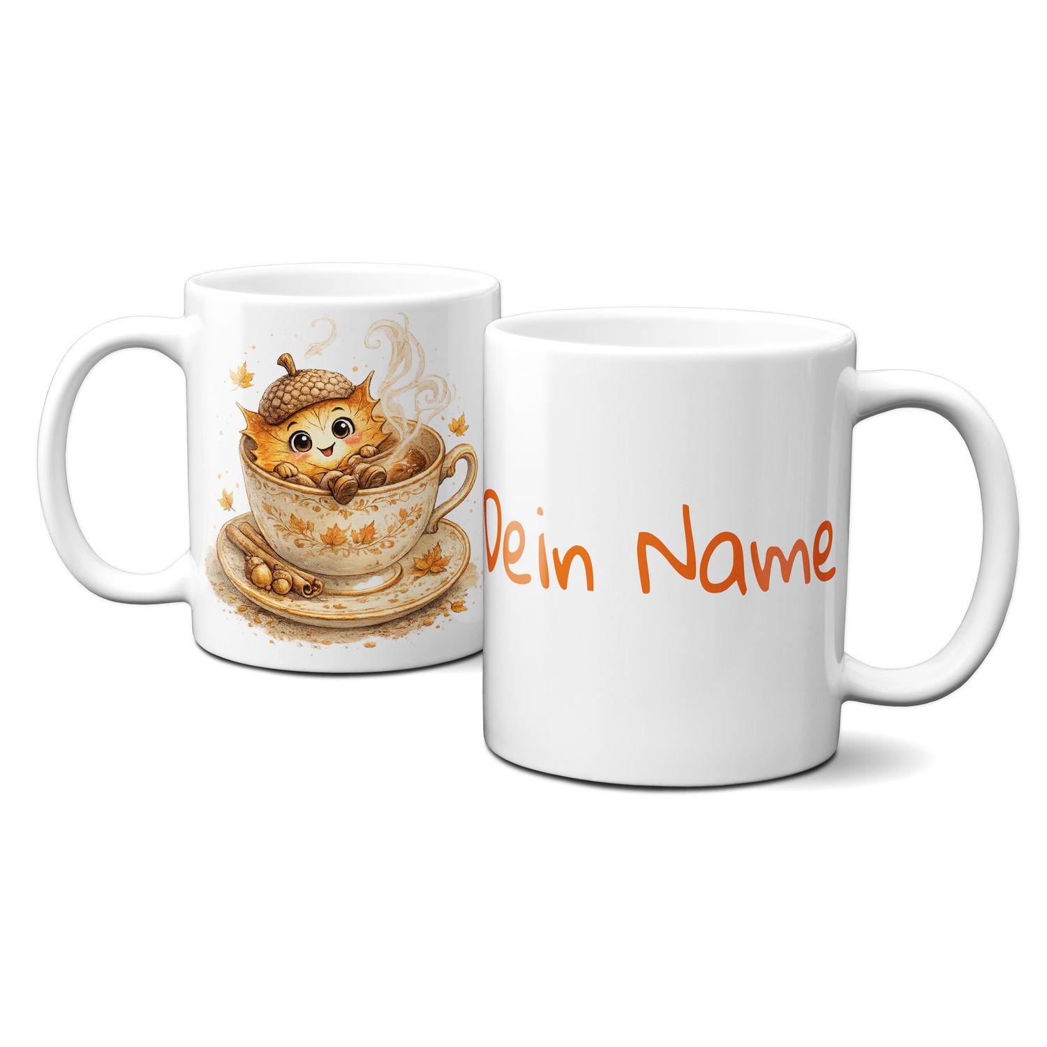 personalisierte Tasse mit tollen Herbstmotiven - süßes Blättergesicht mit Eichelhut in Tasse für Kaffee, Tee oder Kakao