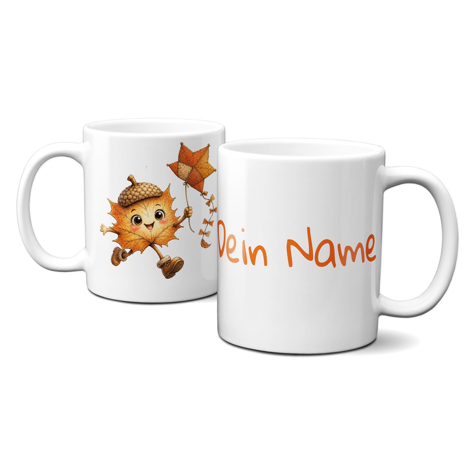 personalisierte Tasse mit tollen Herbstmotiven - süßes Blättergesicht mit Eichelhut und Drachen