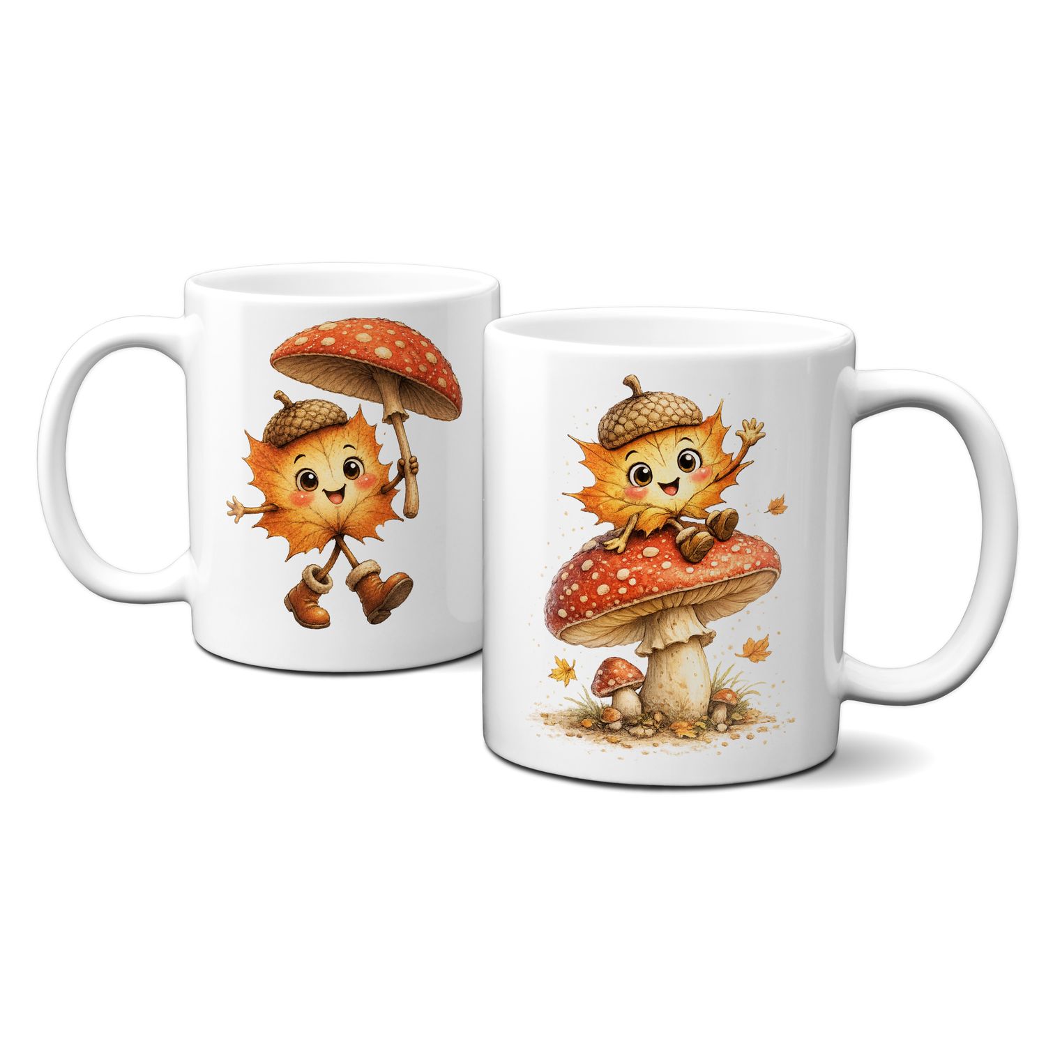 Tasse mit schönen Herbstmotiven - süßes Blattmädchen mit Fliegenpilz