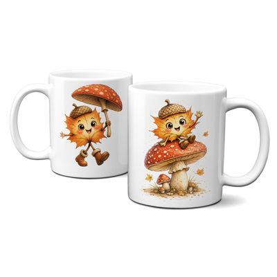 Tasse mit schönen Herbstmotiven - süßes Blattmädchen mit Fliegenpilz Tasse mit schönen Herbstmotiven - süßes Blattmädchen mit Fliegenpilz