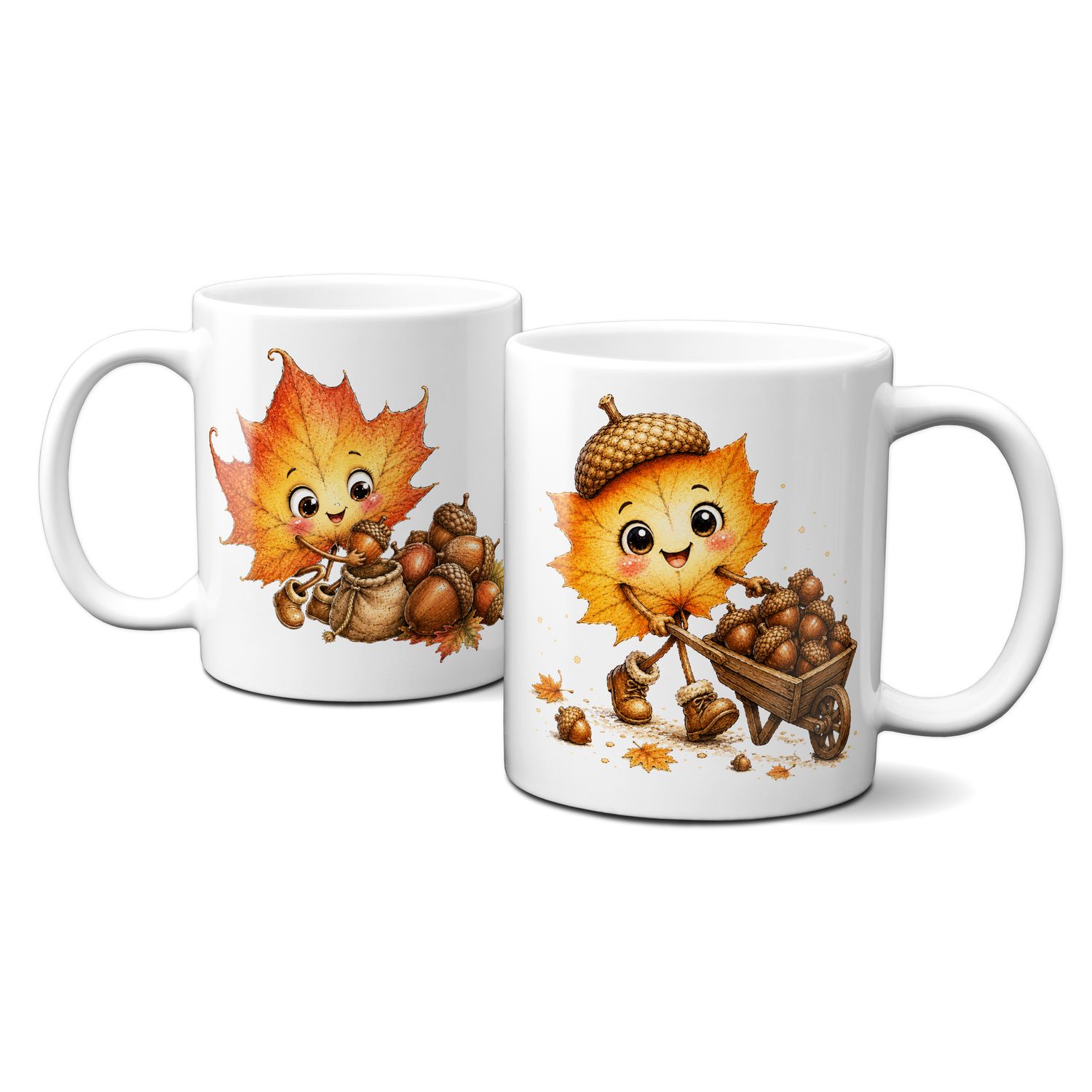 Tasse mit schönen Herbstmotiven - süßes Blattmännlein mit Eicheln