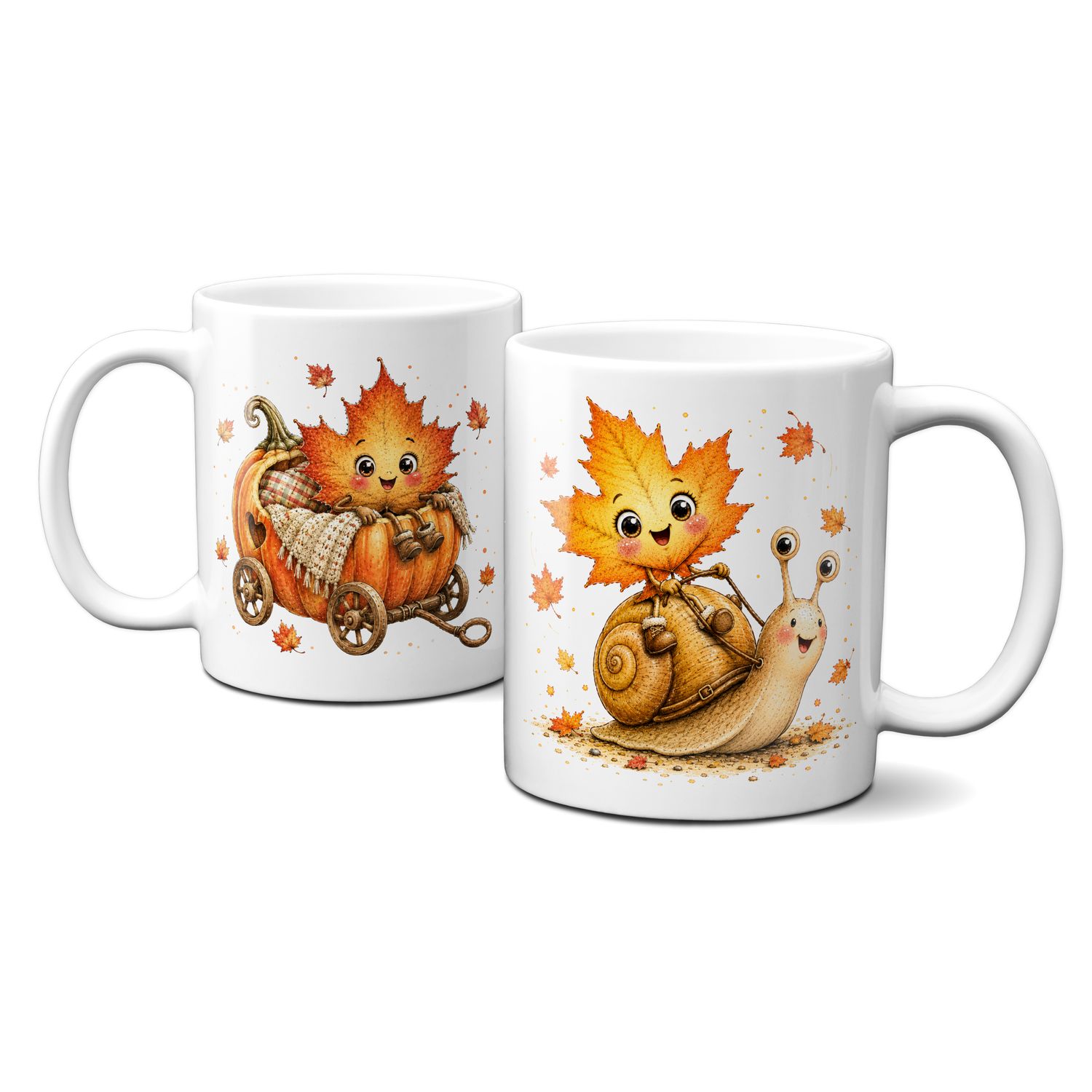 Tasse mit schönen Herbstmotiven - Blätter mit süßem Gesicht mit Schnecke und Kürbis-Wagen