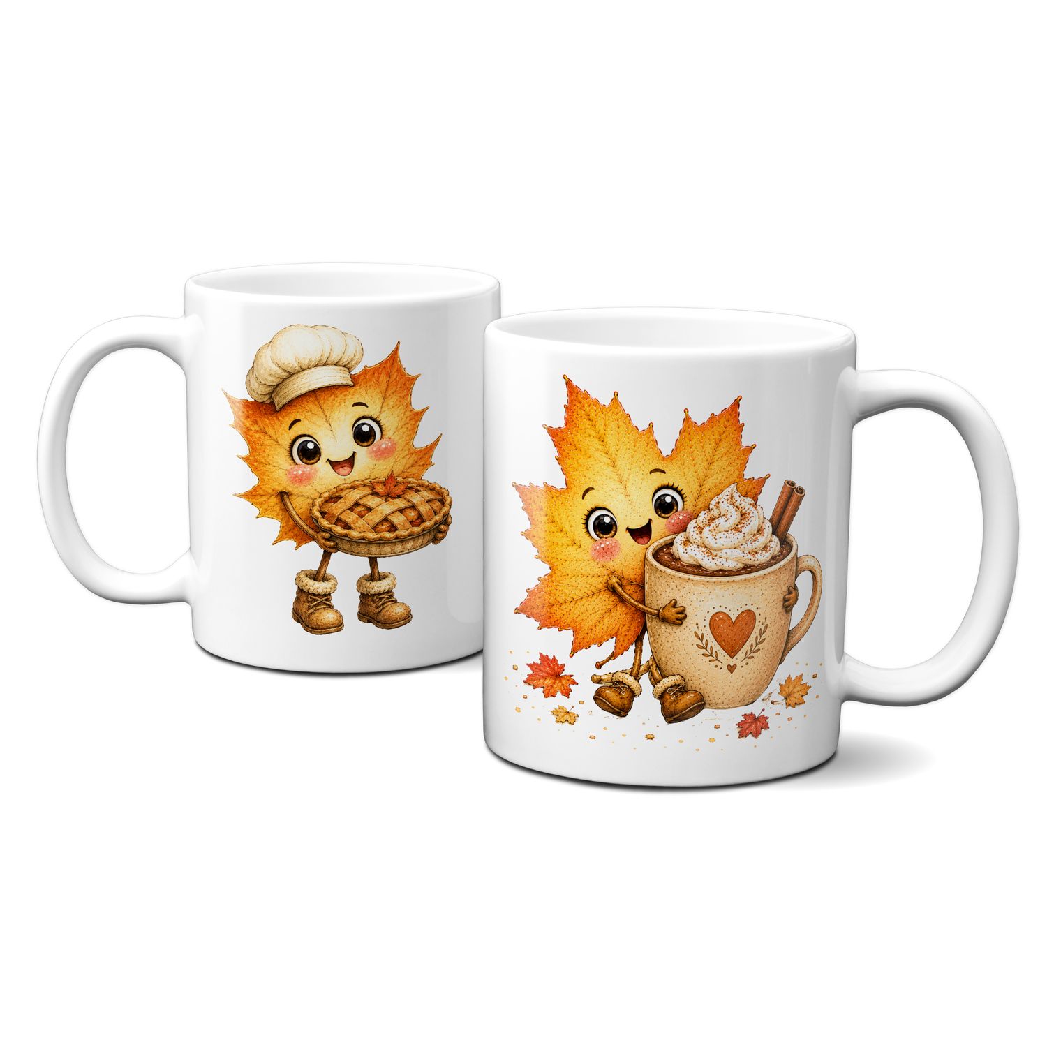 Tasse mit schönen Herbstmotiven - Blätter mit süßem Gesicht mit Kuchen und Kakao