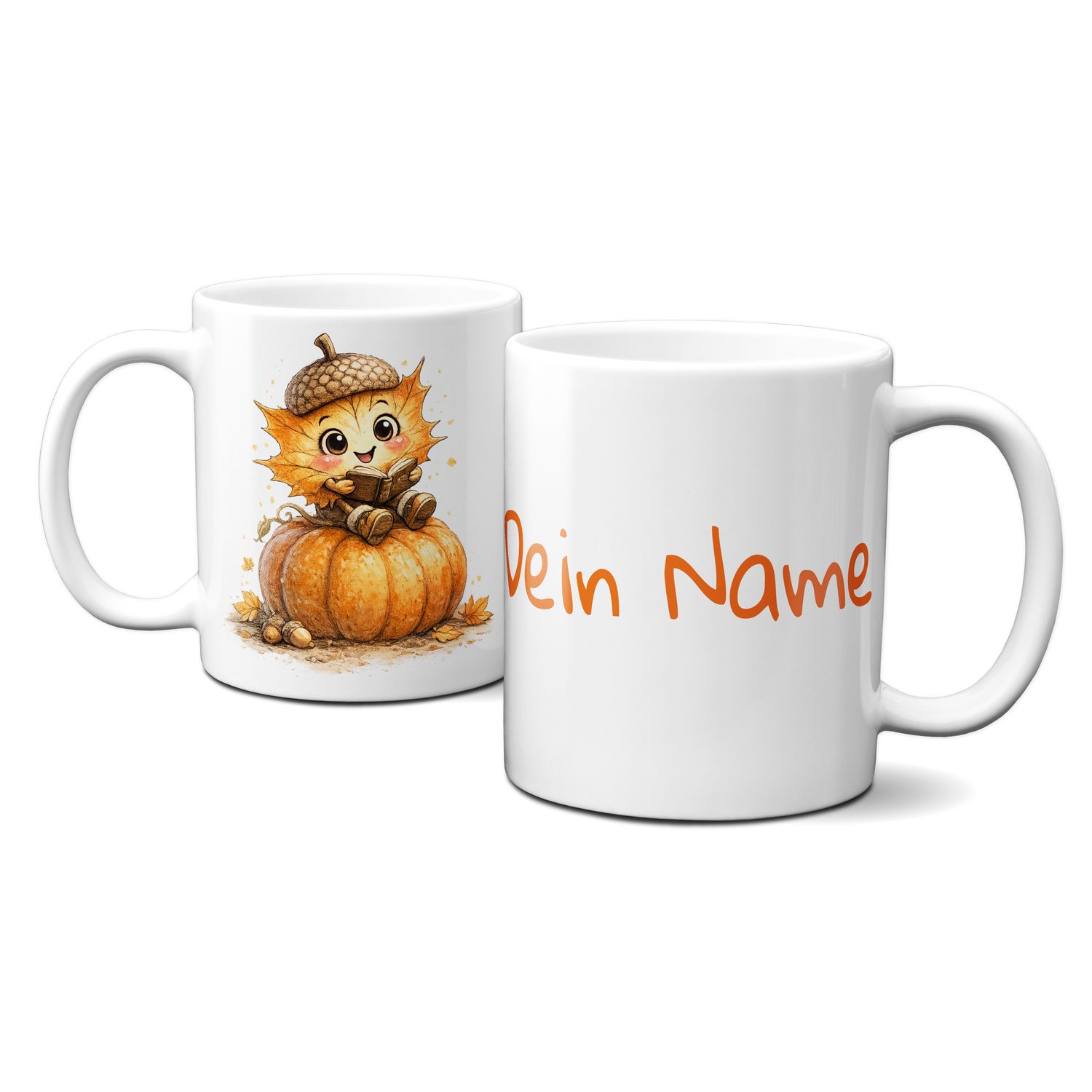 personalisierte Tasse mit tollen Herbstmotiven - süßes Blättergesicht mit Eichelhut Kürbis und Buch