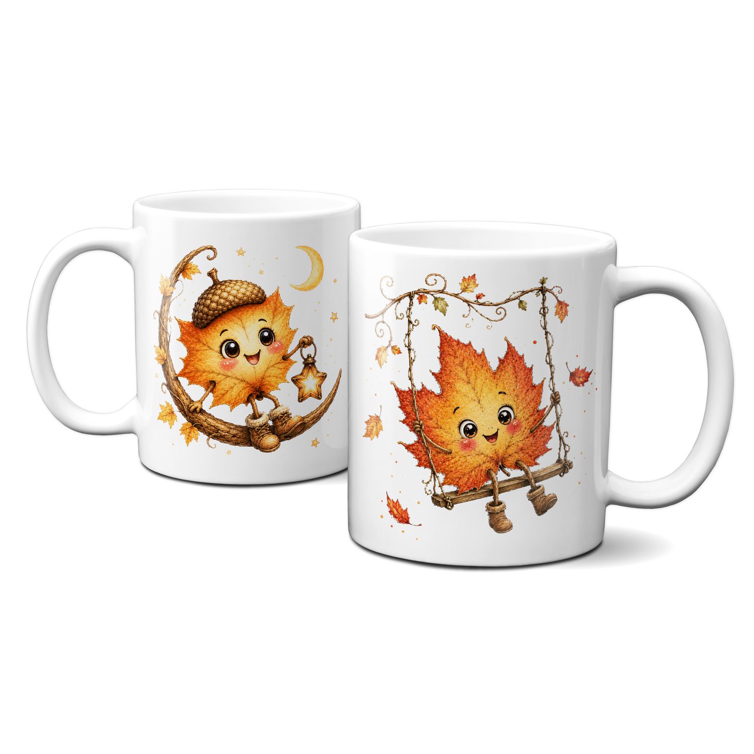 Tasse mit schönen Herbstmotiven - Blätter mit süßem Gesicht auf der Schaukel