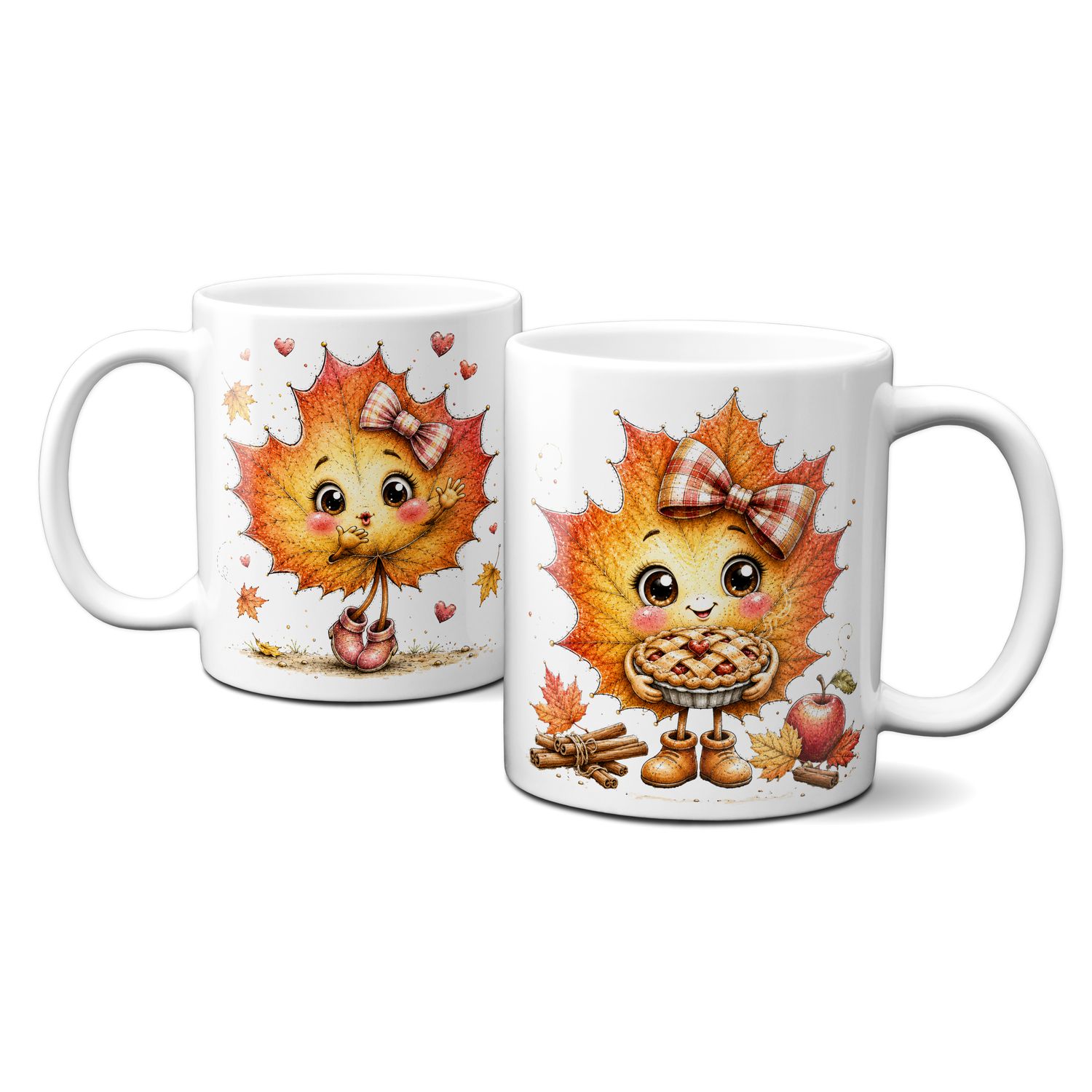 Tasse mit schönen Herbstmotiven - Blätter mit süßem Gesicht mit bunter Schleife und Kuchen