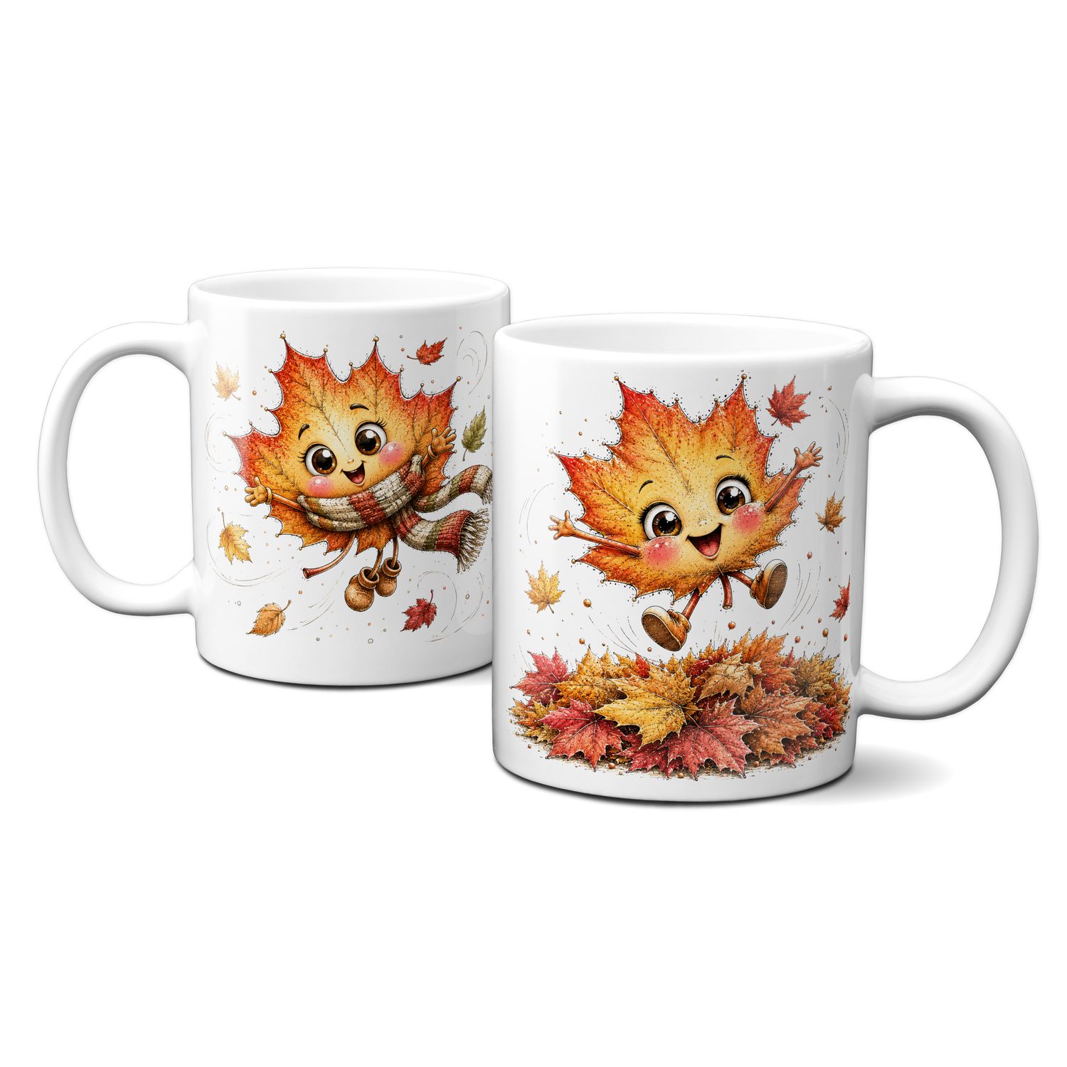 Tasse mit schönen Herbstmotiven - Blätter mit süßem Gesicht im Wind