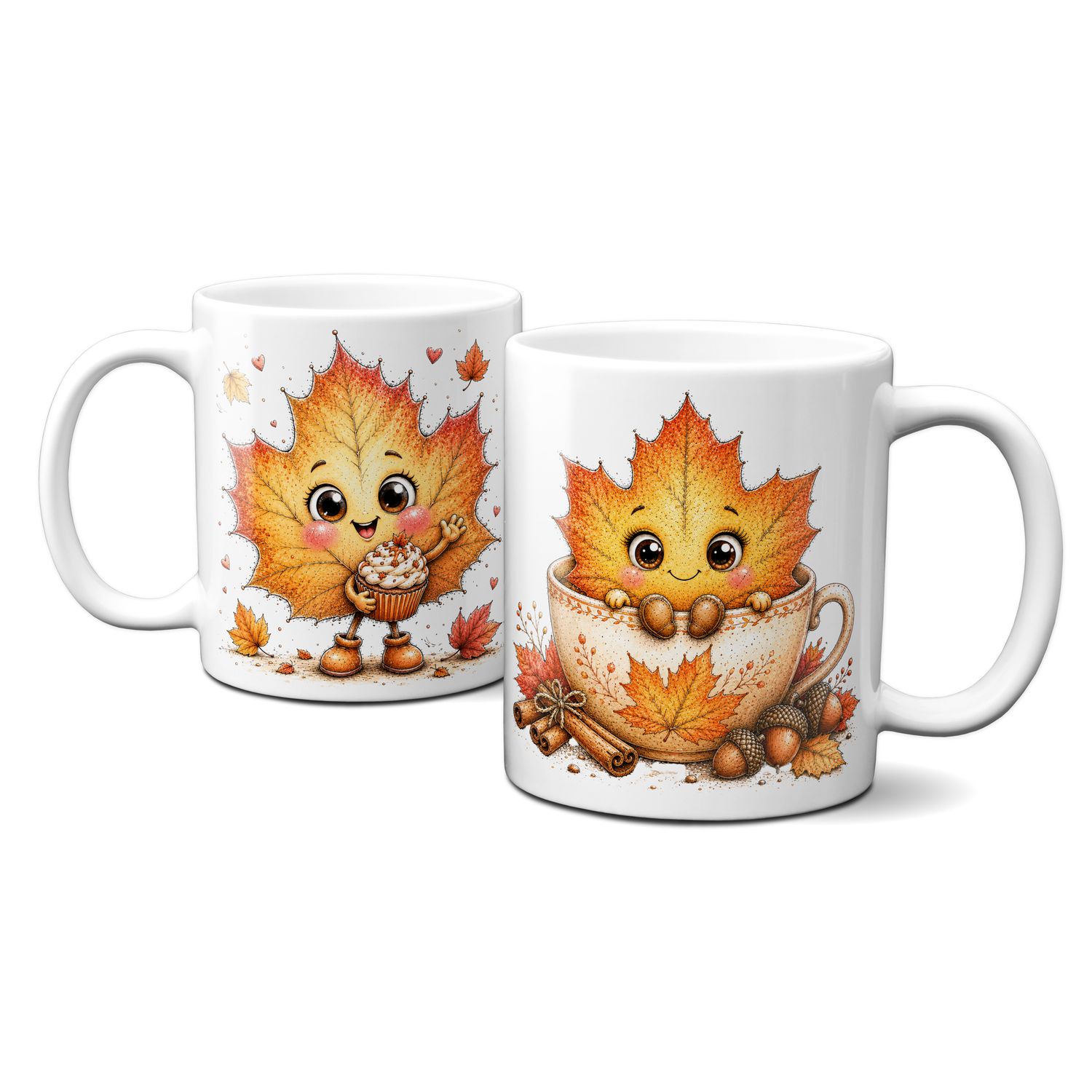 Tasse mit schönen Herbstmotiven - Blätter mit süßem Gesicht mit Cupcake und Tasse