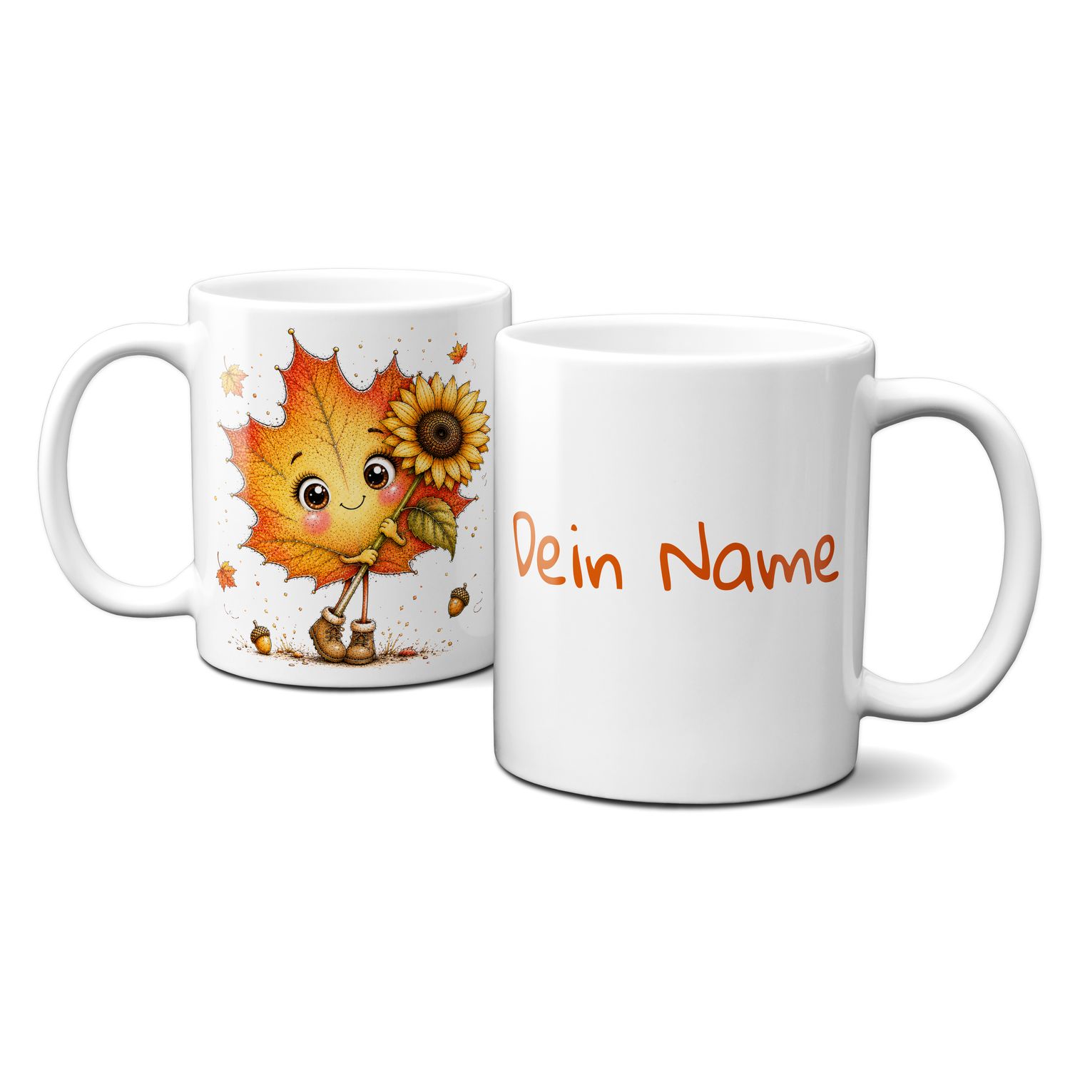 personalisierte Tasse mit tollen Herbstmotiven - süßes Blättergesicht mit Sonnenblume