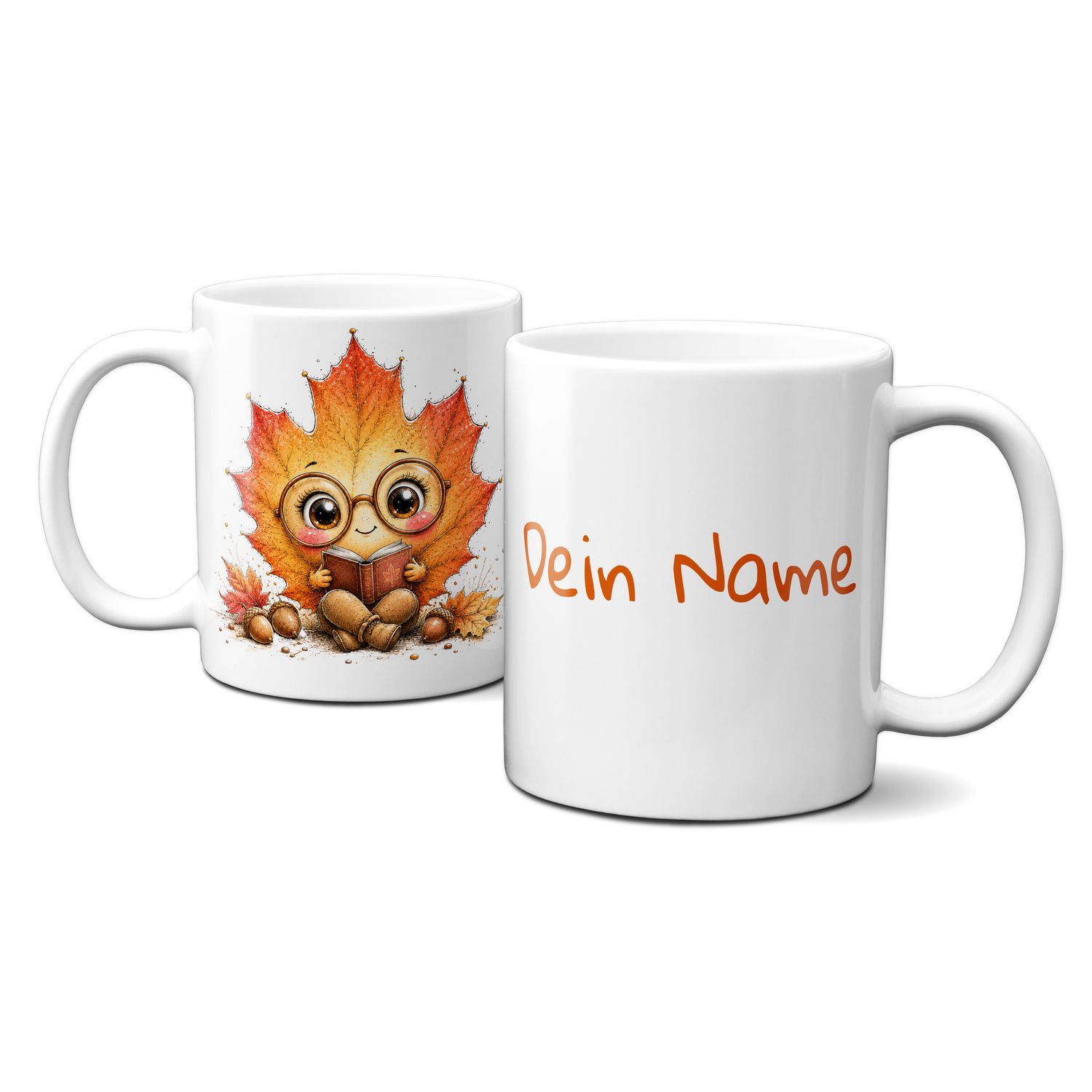 personalisierte Tasse mit tollen Herbstmotiven - süßes Blättergesicht mit Brille und Buch