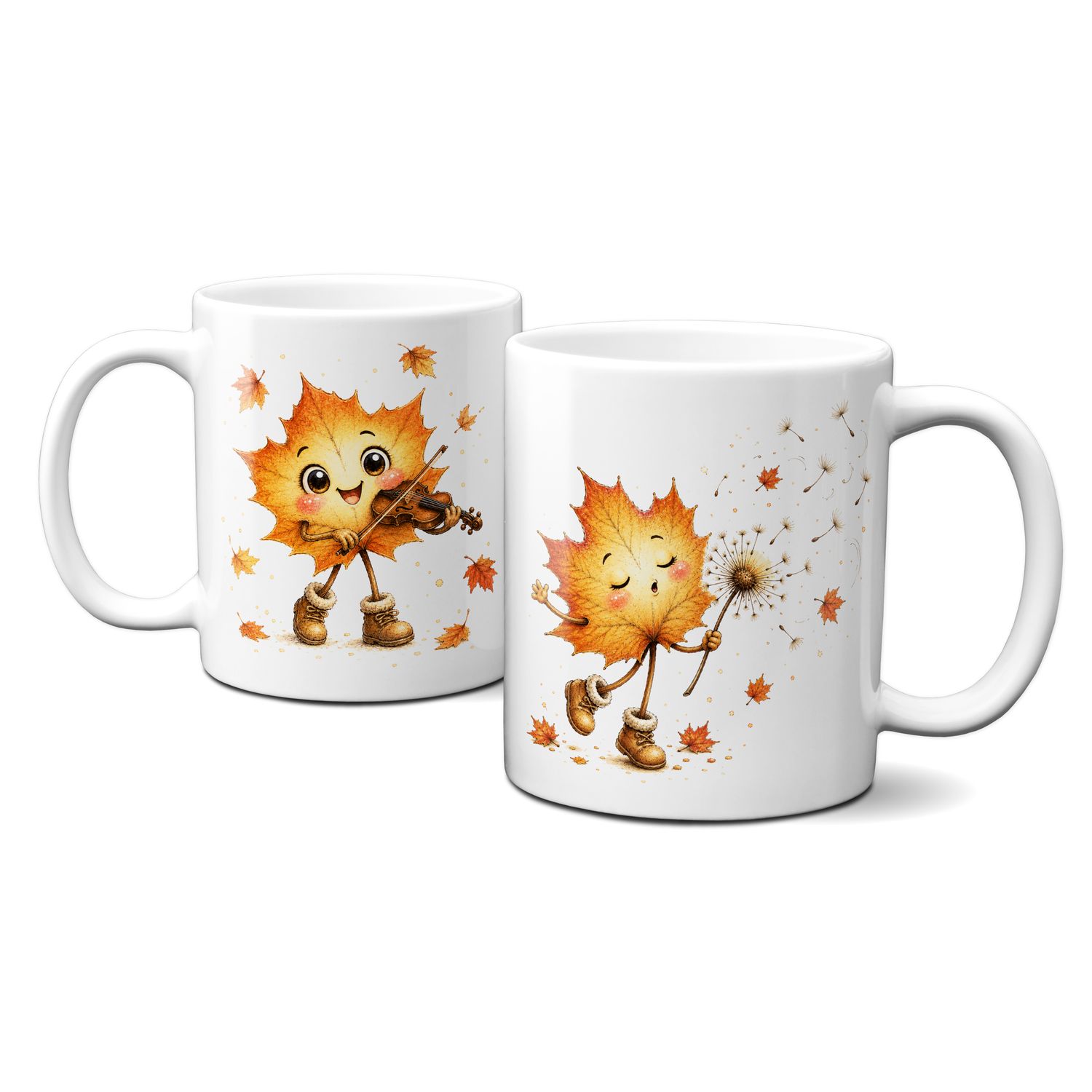 Tasse mit schönen Herbstmotiven - Blätter mit süßem Gesicht mit Geige und Pusteblume