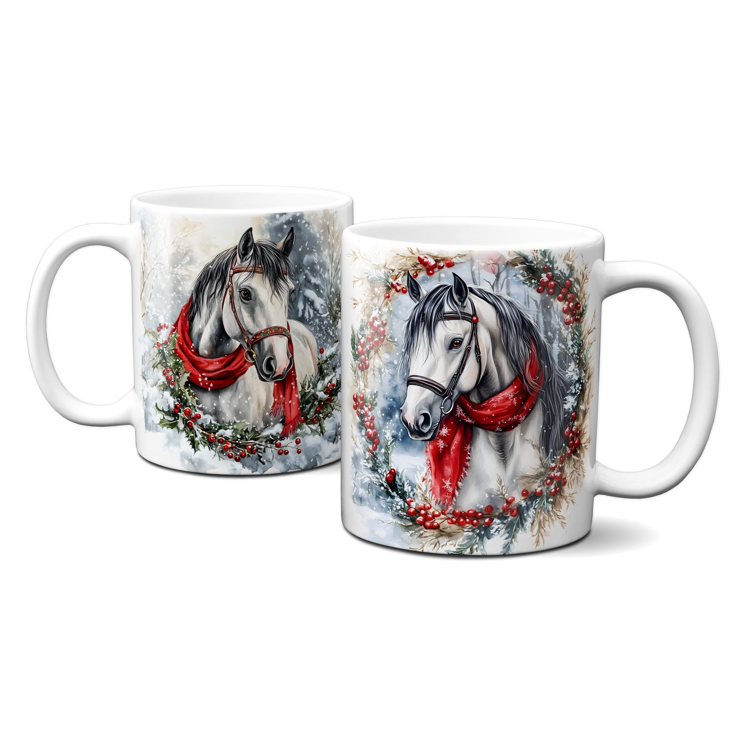 Keramiktasse mit Weihnachtsmotiv - Pferde Tiere Weihnachtskranz rotes Halstuch