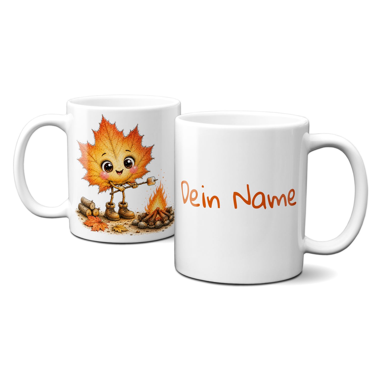 personalisierte Tasse mit tollen Herbstmotiven - süßes Blättergesicht am Lagerfeuer