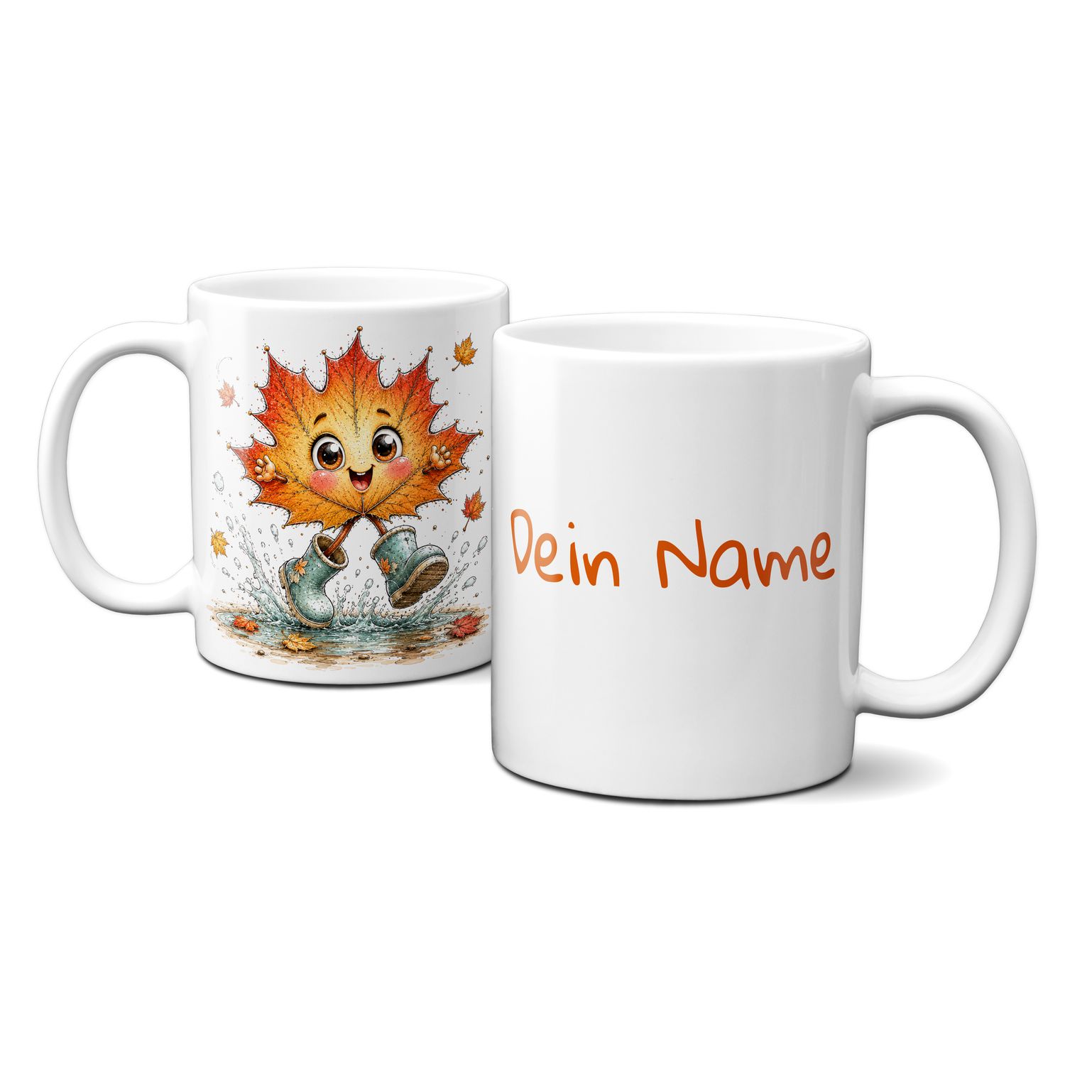 personalisierte Tasse mit tollen Herbstmotiven - süßes Blättergesicht mit Gummistiefeln im REgen