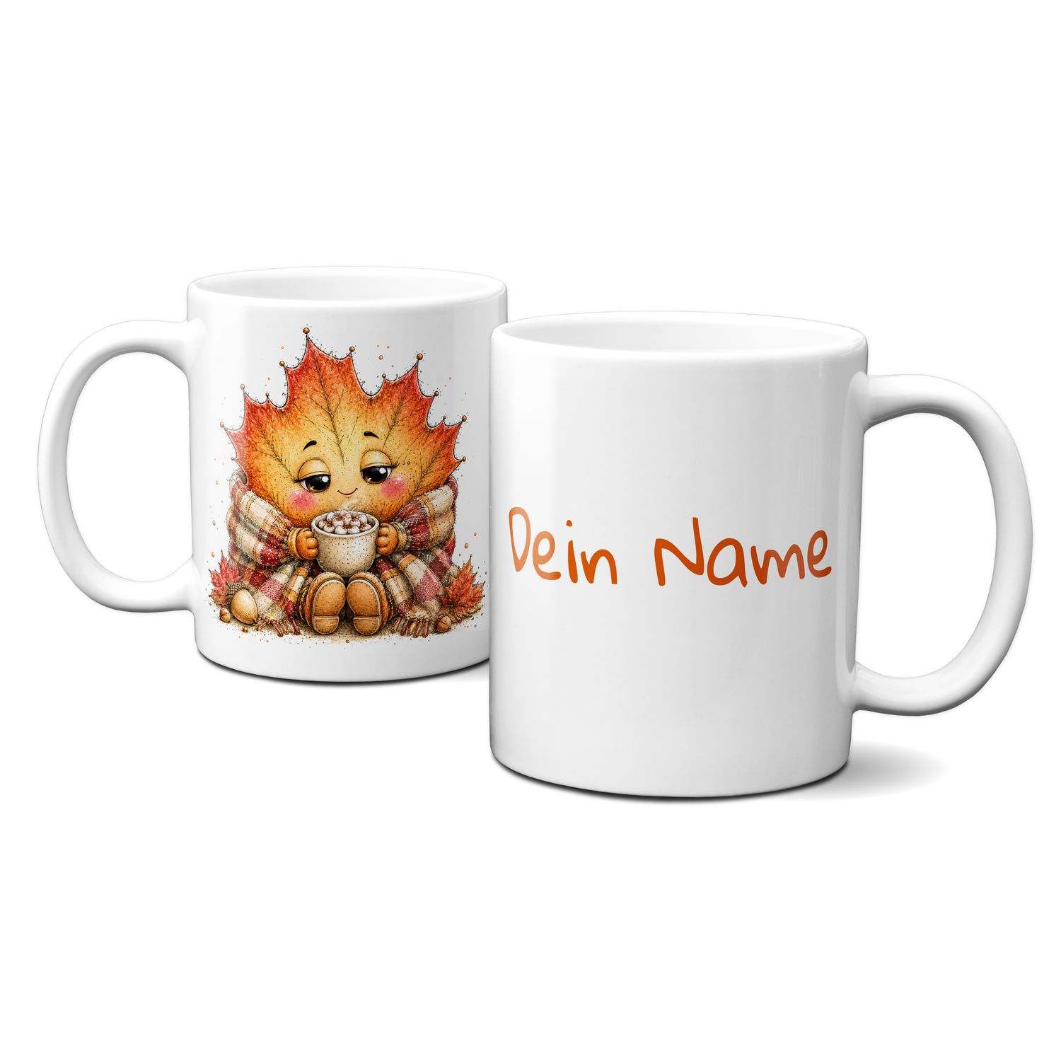 personalisierte Tasse mit tollen Herbstmotiven - süßes Blättergesicht mit Decke und Kakao