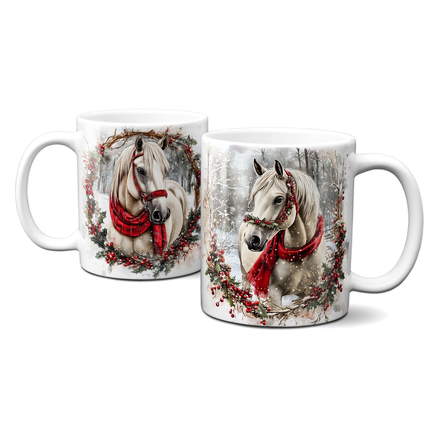 Keramiktasse mit Weihnachtsmotiv - Pferde Tiere Weihnachtskranz rotes Halstuch